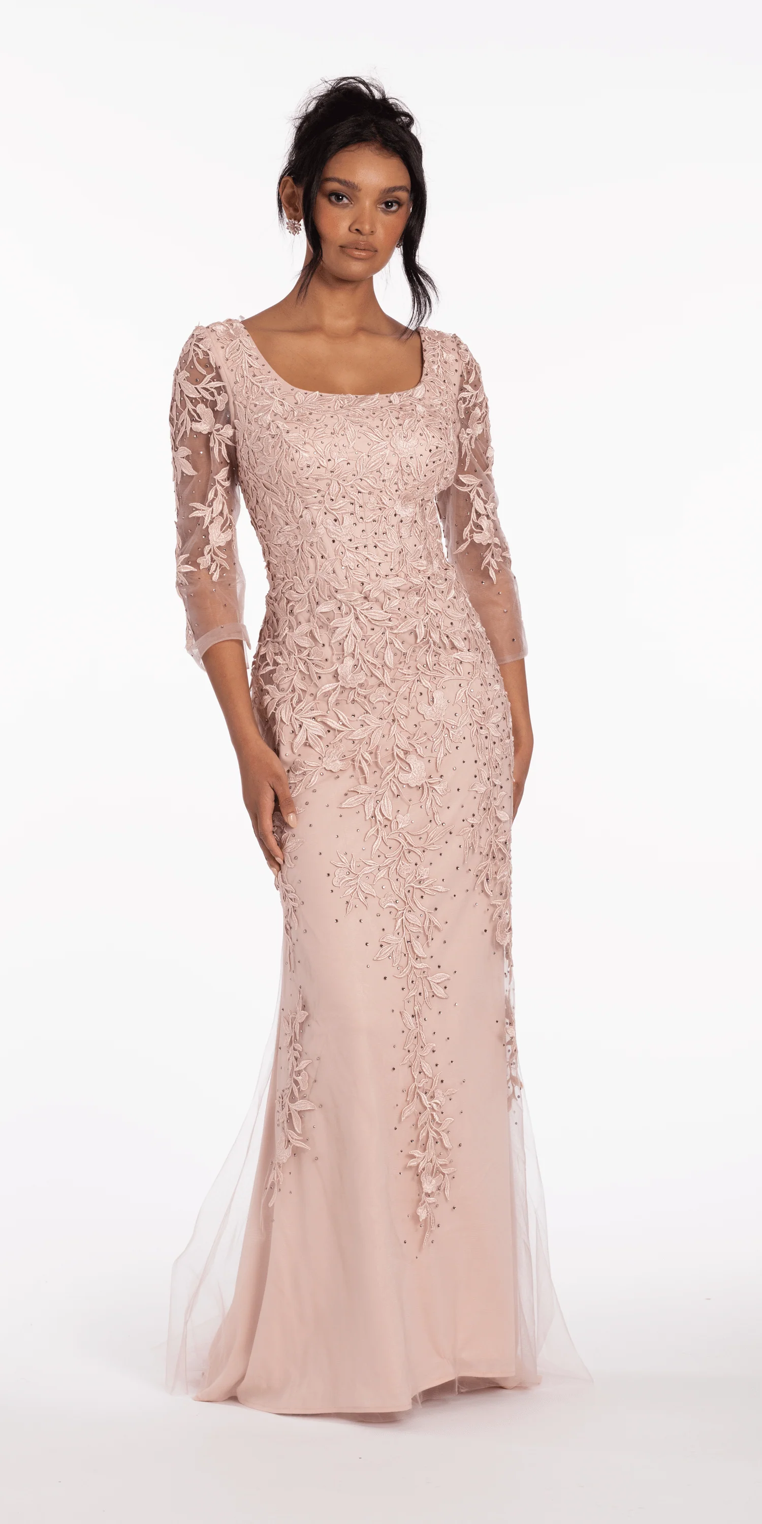 3/4 Sleeve Mesh Embroidered Column Dress with Heat Set Beads - Image 4