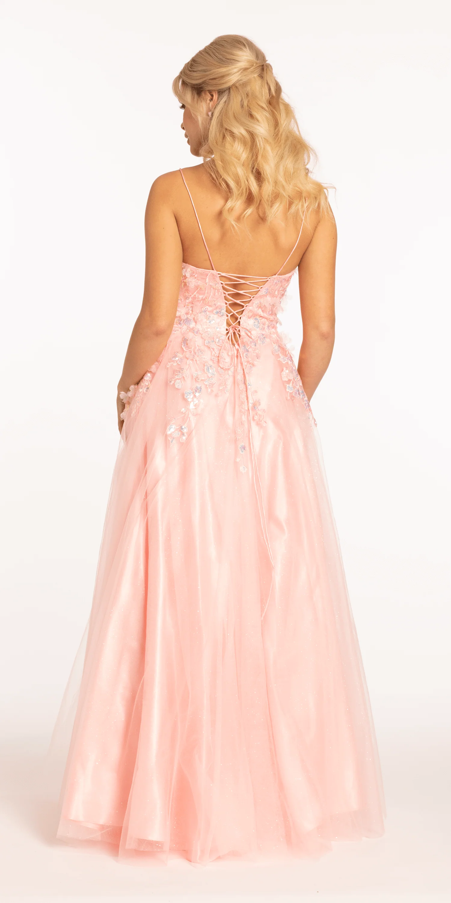 3 D Applique Glitter Mesh Plunge Lace Up Back Ballgown - Image 5
