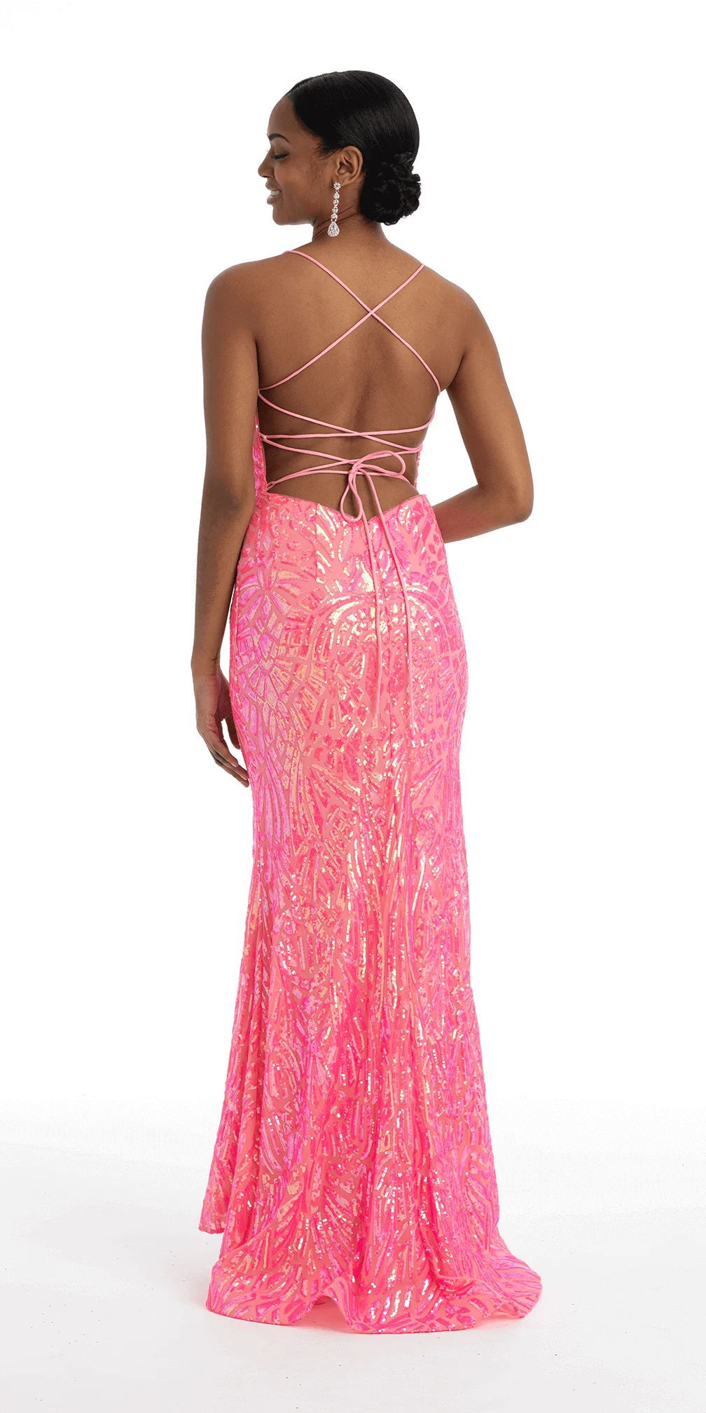 Abstract Sequin Lace Up Back Trumpet Dress - Image 3