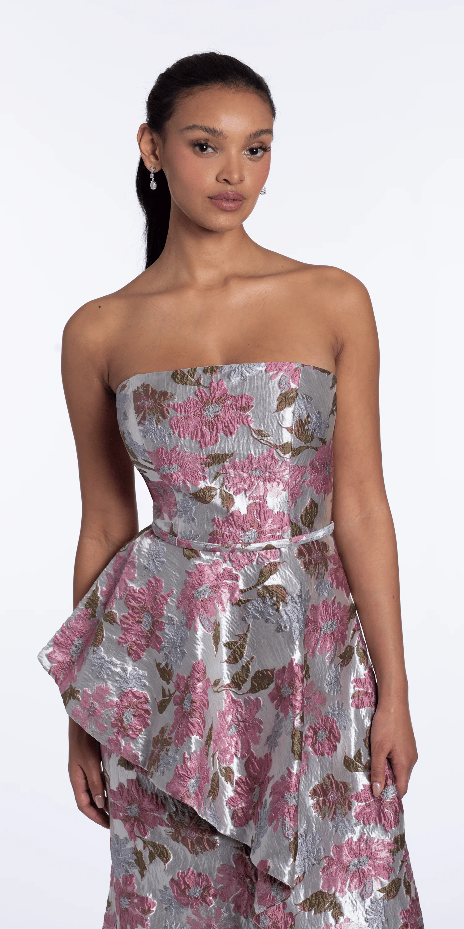 Angled Peplum Strapless Metallic Floral Jacquard Dress - Image 2