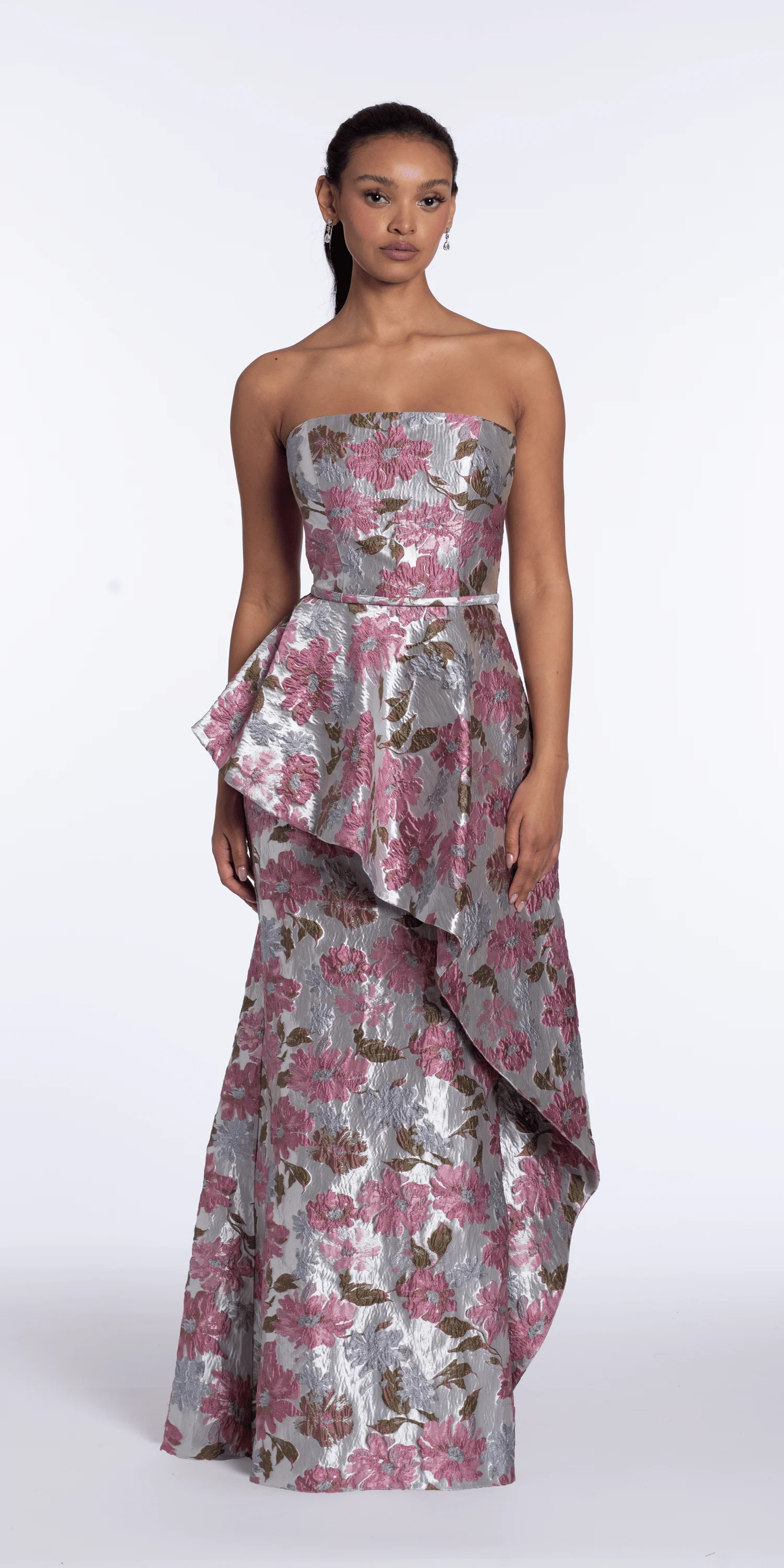 Angled Peplum Strapless Metallic Floral Jacquard Dress - Image 4