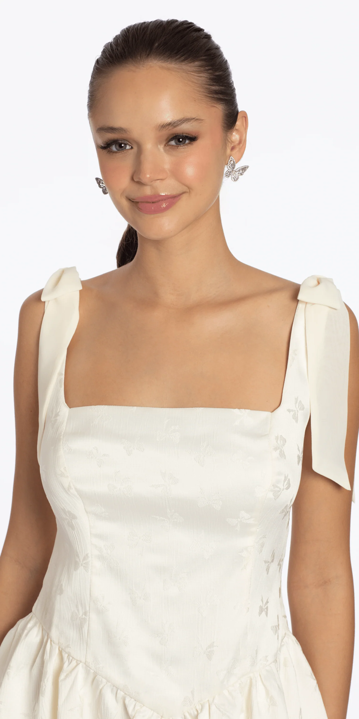 Basque Waist Jacquard Tie Shoulder Dress - Image 2