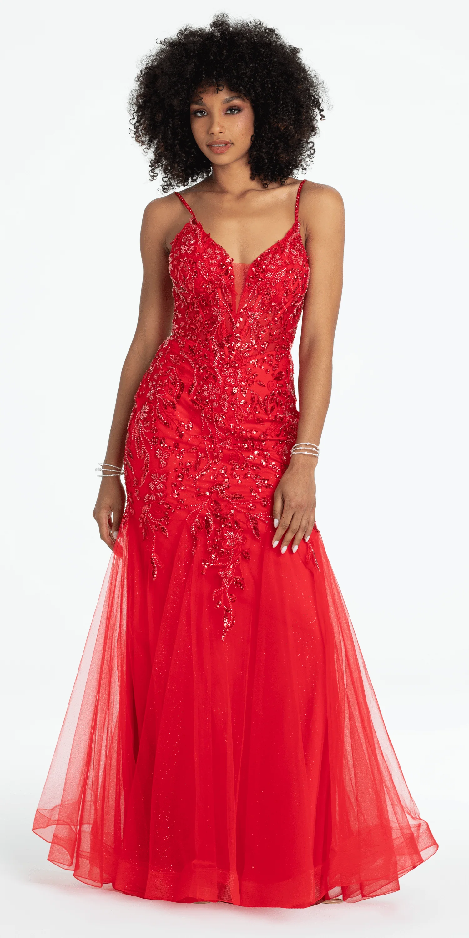 Beaded Embellished Plunging Glitter Mermaid Dress with Mesh Godets - Image 4