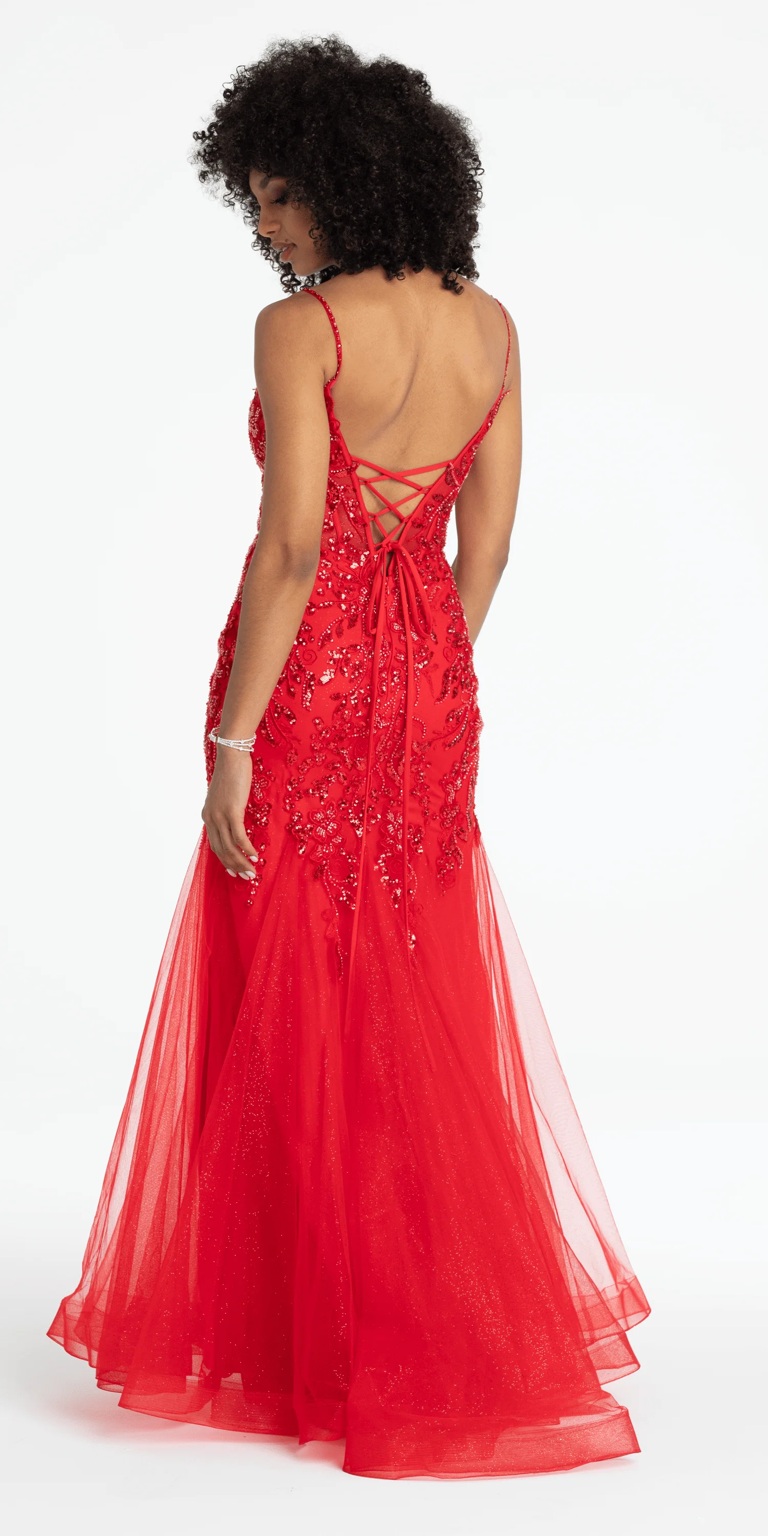 Beaded Embellished Plunging Glitter Mermaid Dress with Mesh Godets - Image 6
