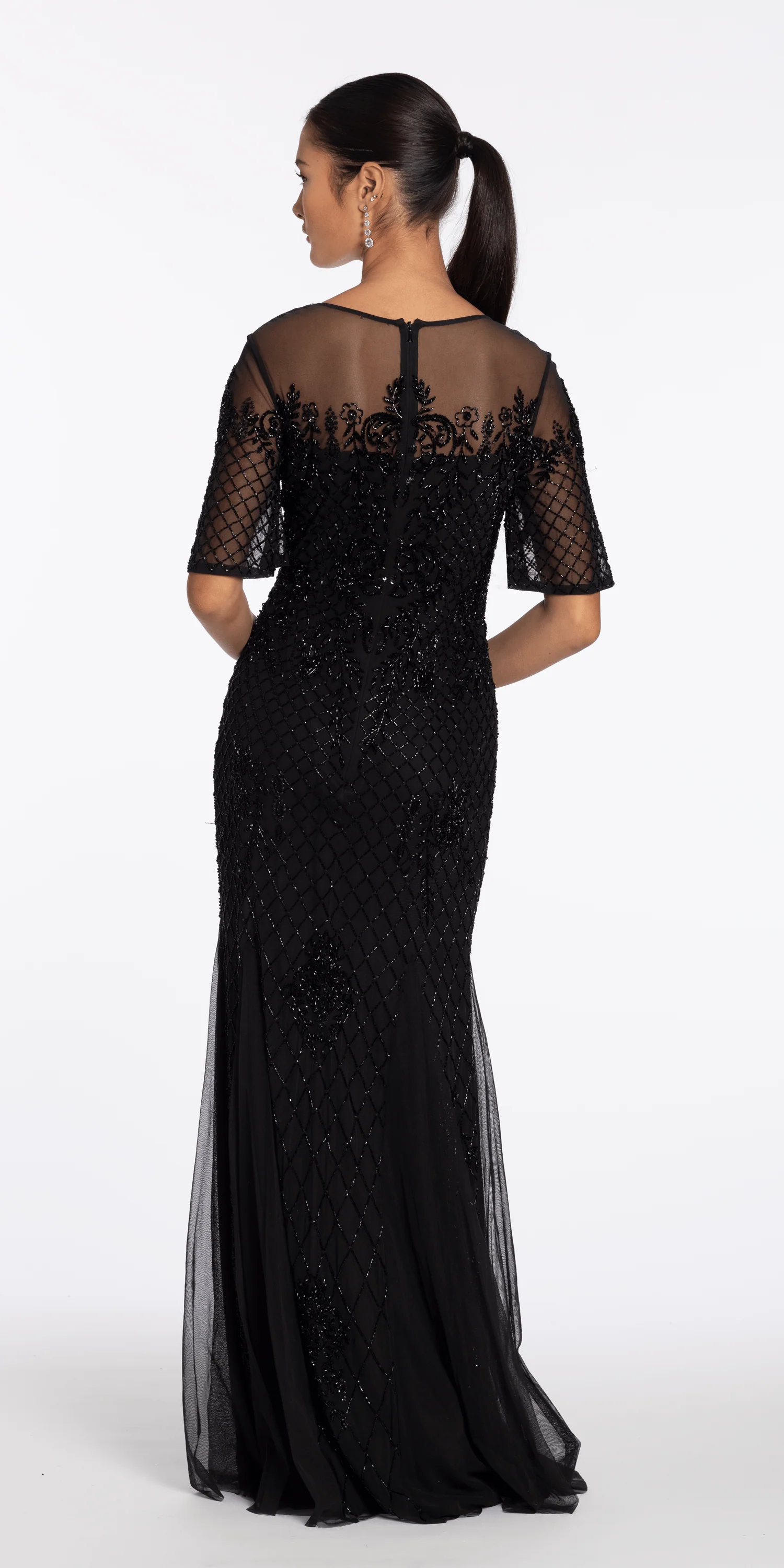 Beaded Illusion Short Sleeve Trumpet Dress with Godets - Image 3
