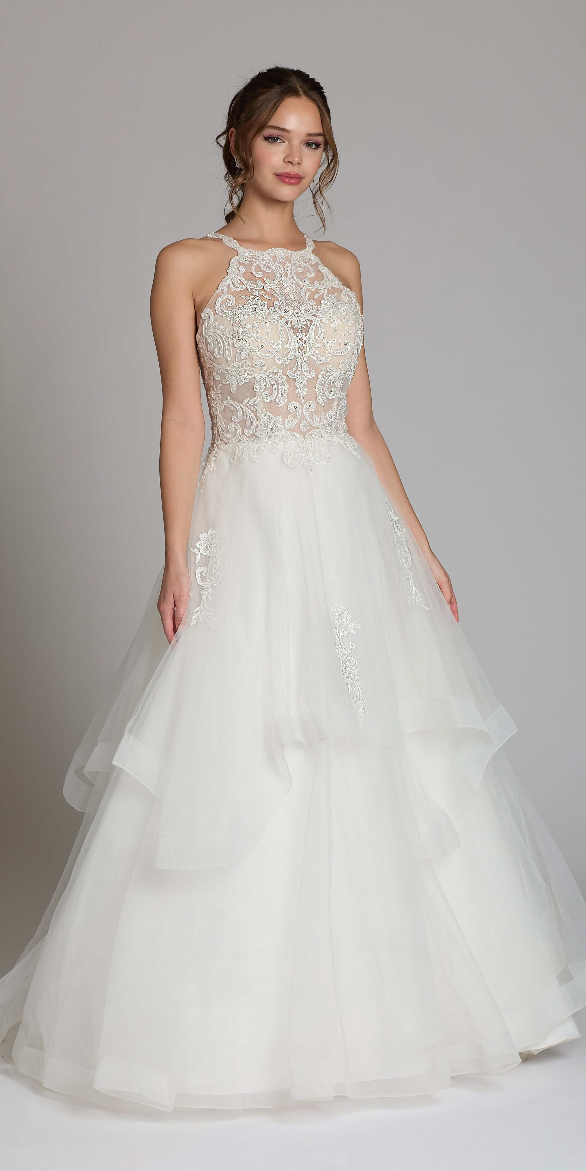 Beaded Lace Applique Cleo Neck Tulle Tiered Ballgown - Image 4
