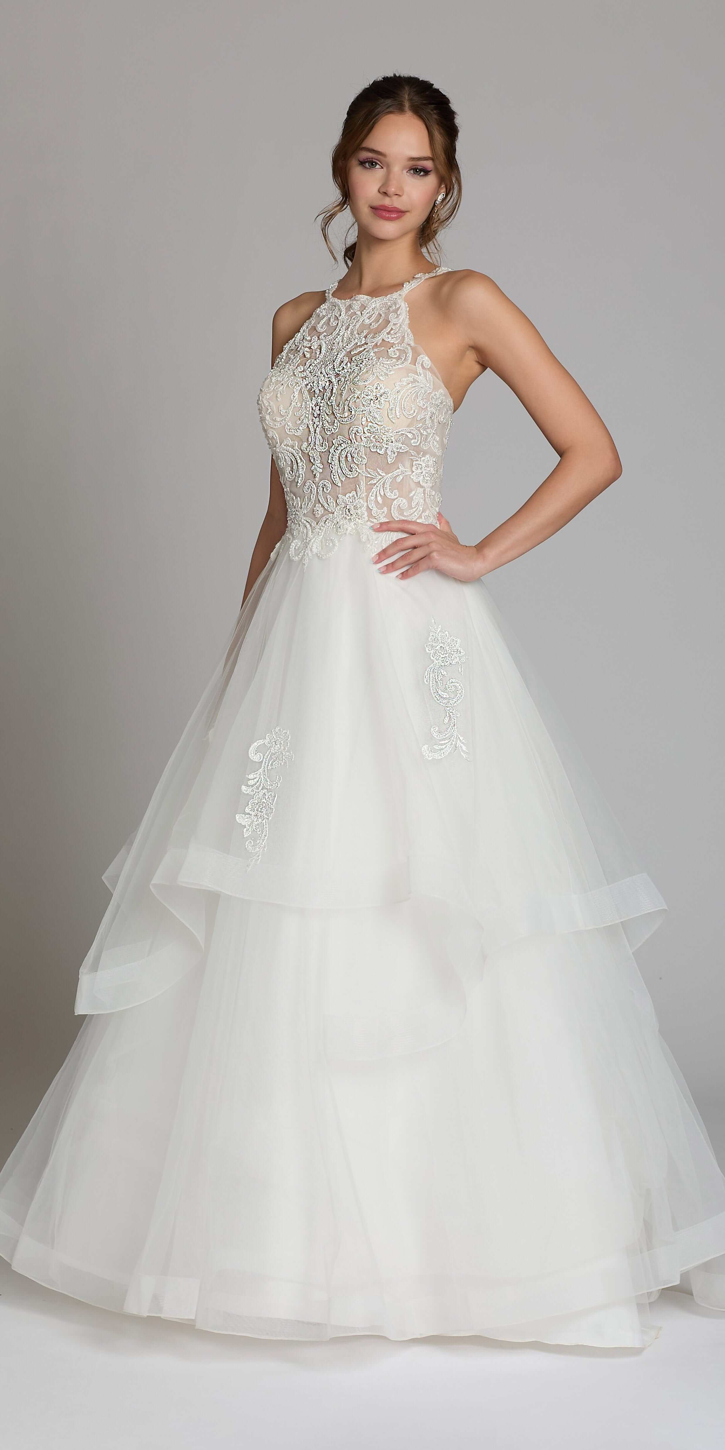 Beaded Lace Applique Cleo Neck Tulle Tiered Ballgown - Image 5
