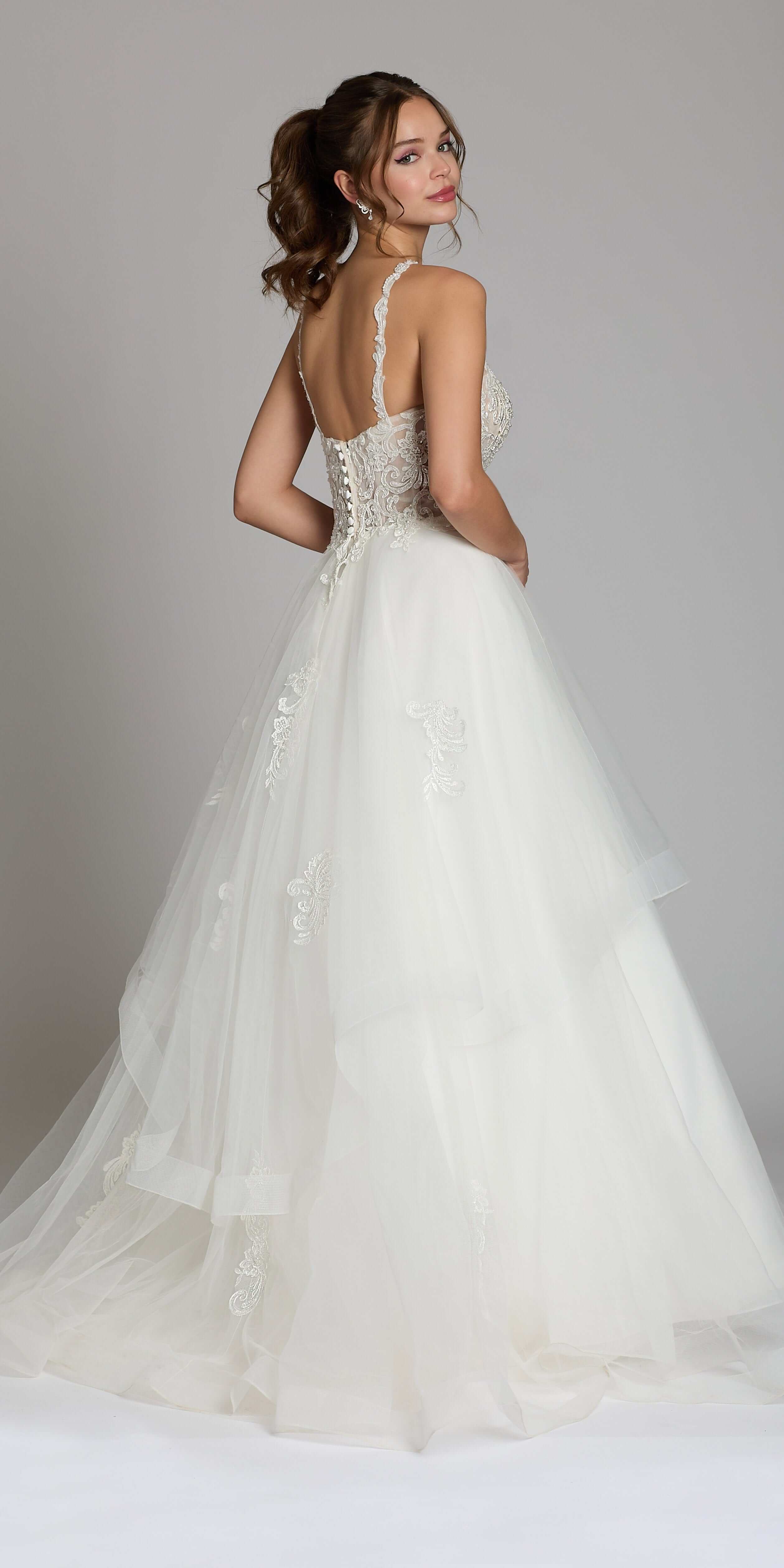 Beaded Lace Applique Cleo Neck Tulle Tiered Ballgown - Image 7