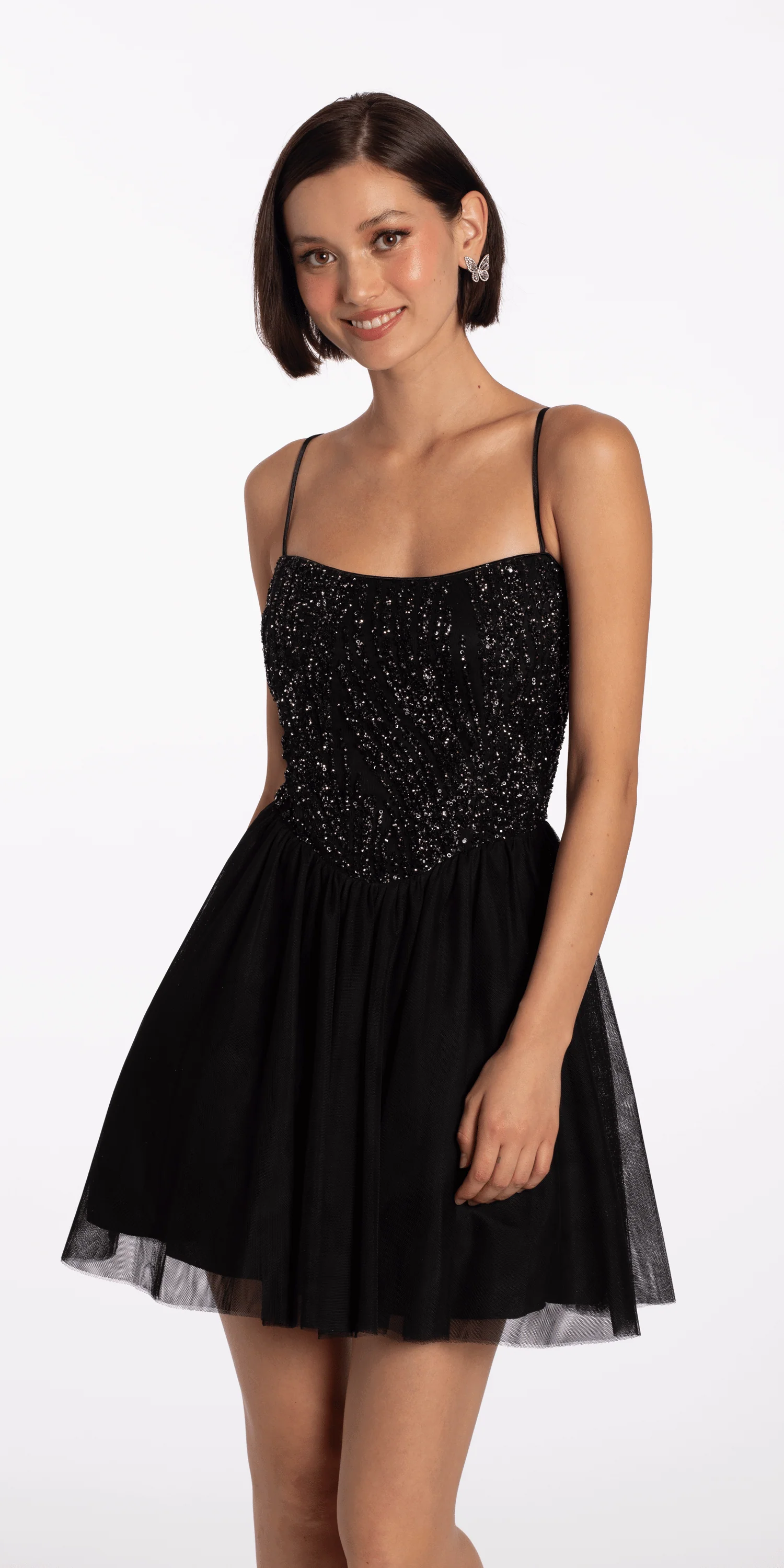 Beaded Mesh Corset Lace Up Back Fit and Flare Dress - Image 4