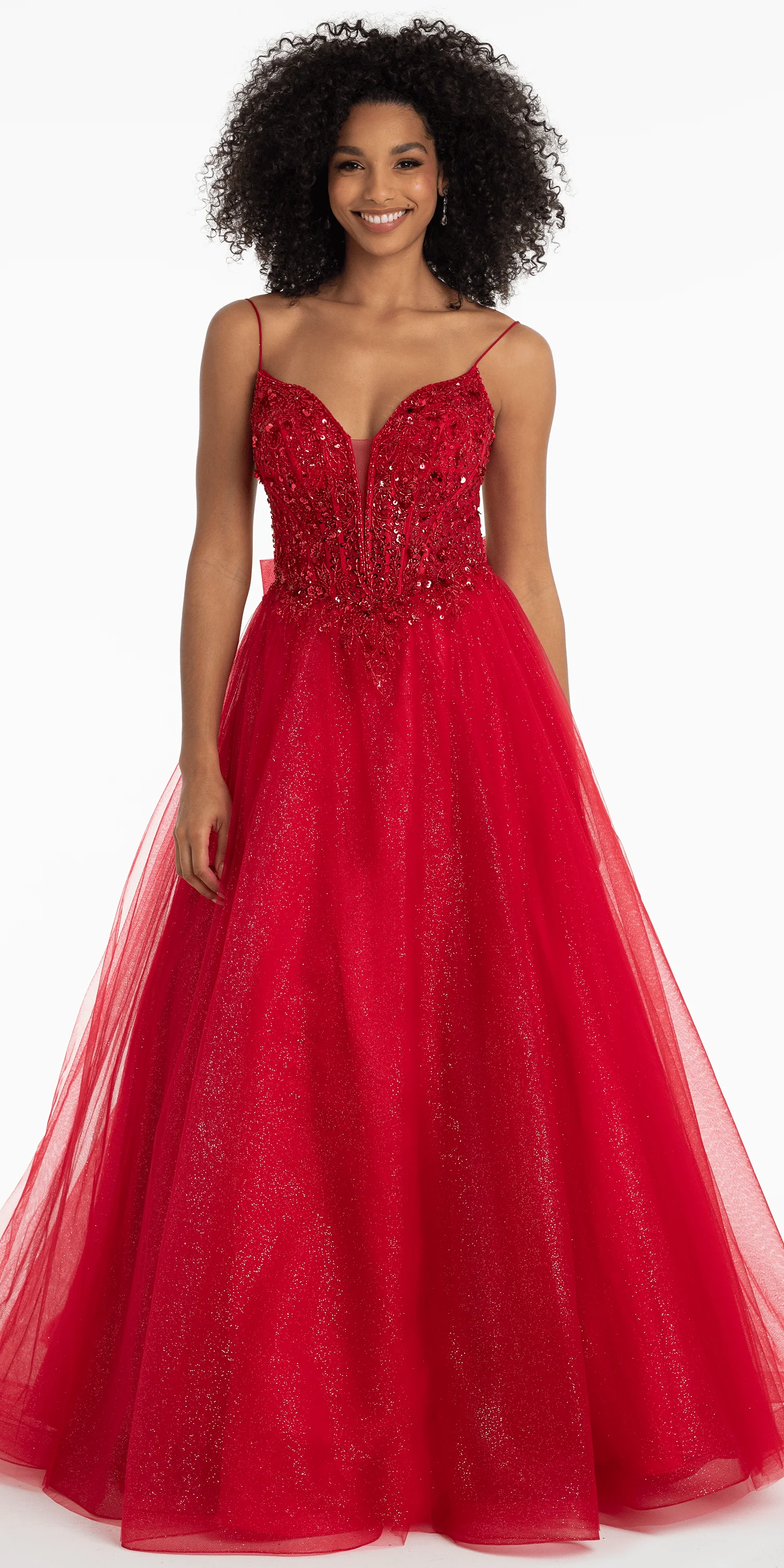 Beaded Plunge Corset Glitter Tulle Ballgown with Bow Back - Image 3