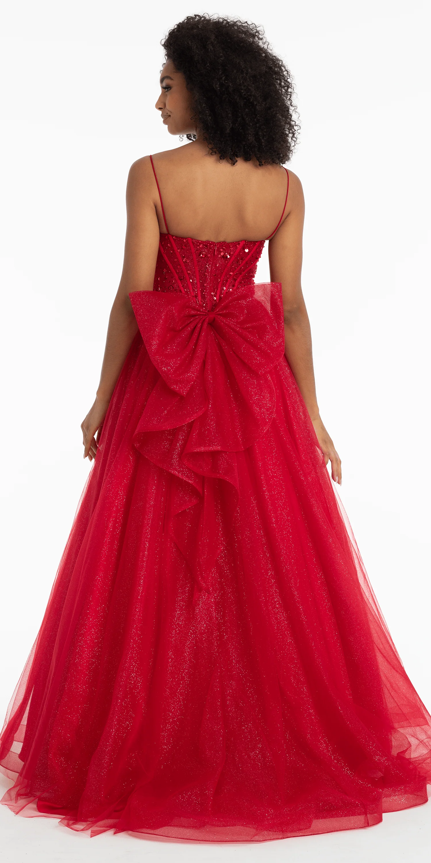 Beaded Plunge Corset Glitter Tulle Ballgown with Bow Back - Image 5