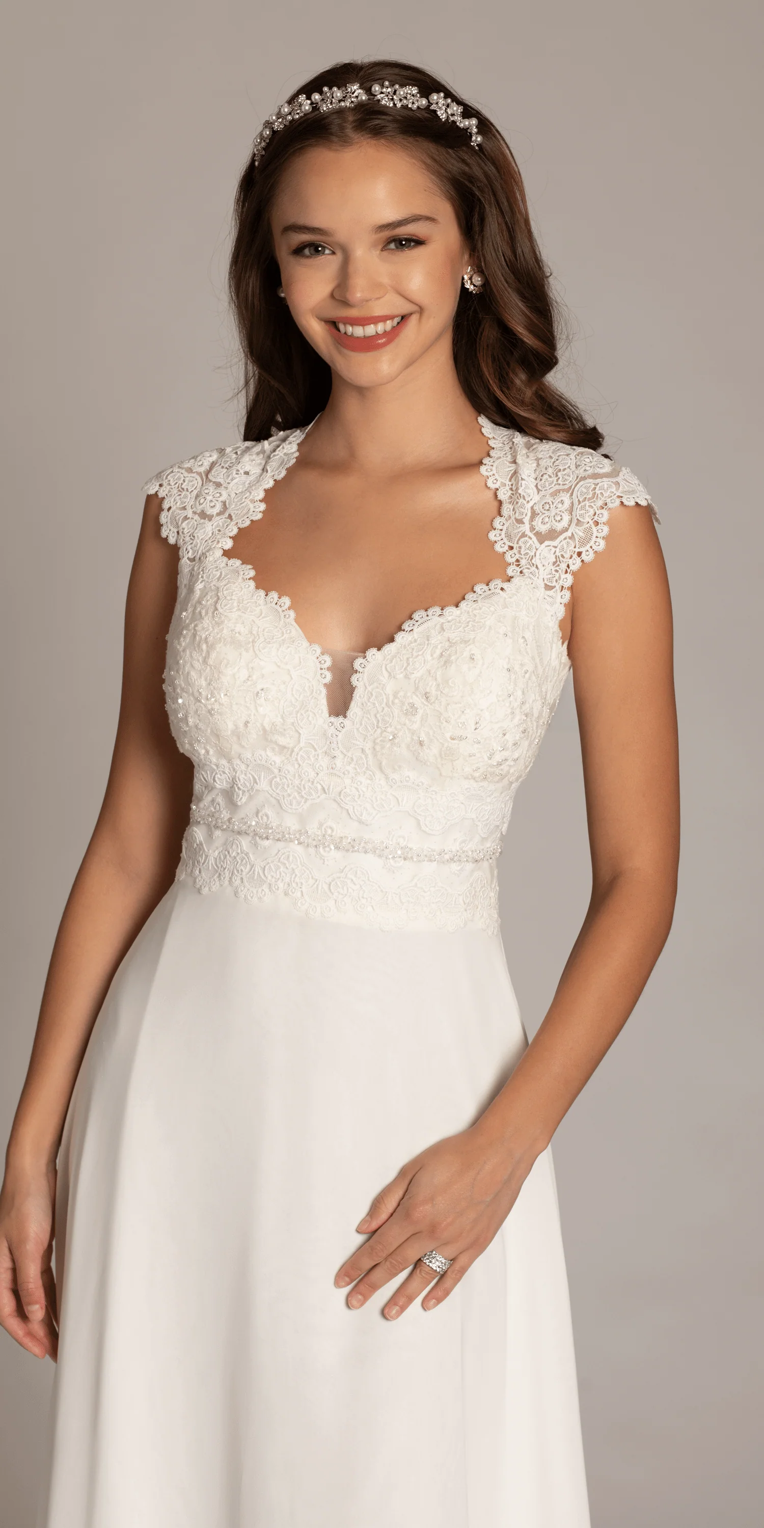 Cap Sleeve Crocheted Illusion Back Chiffon A Line Dress - Image 2