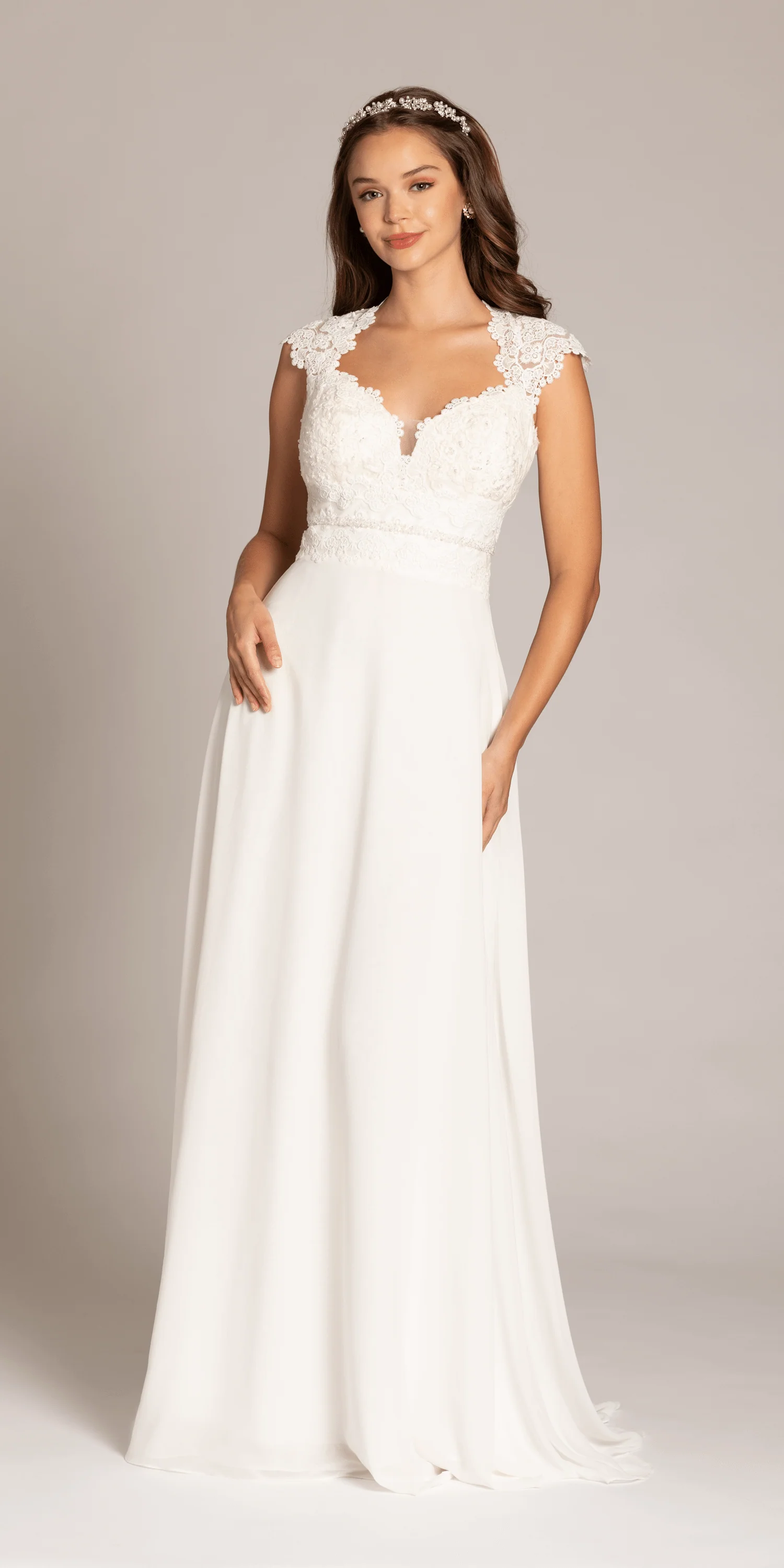 Cap Sleeve Crocheted Illusion Back Chiffon A Line Dress - Image 3