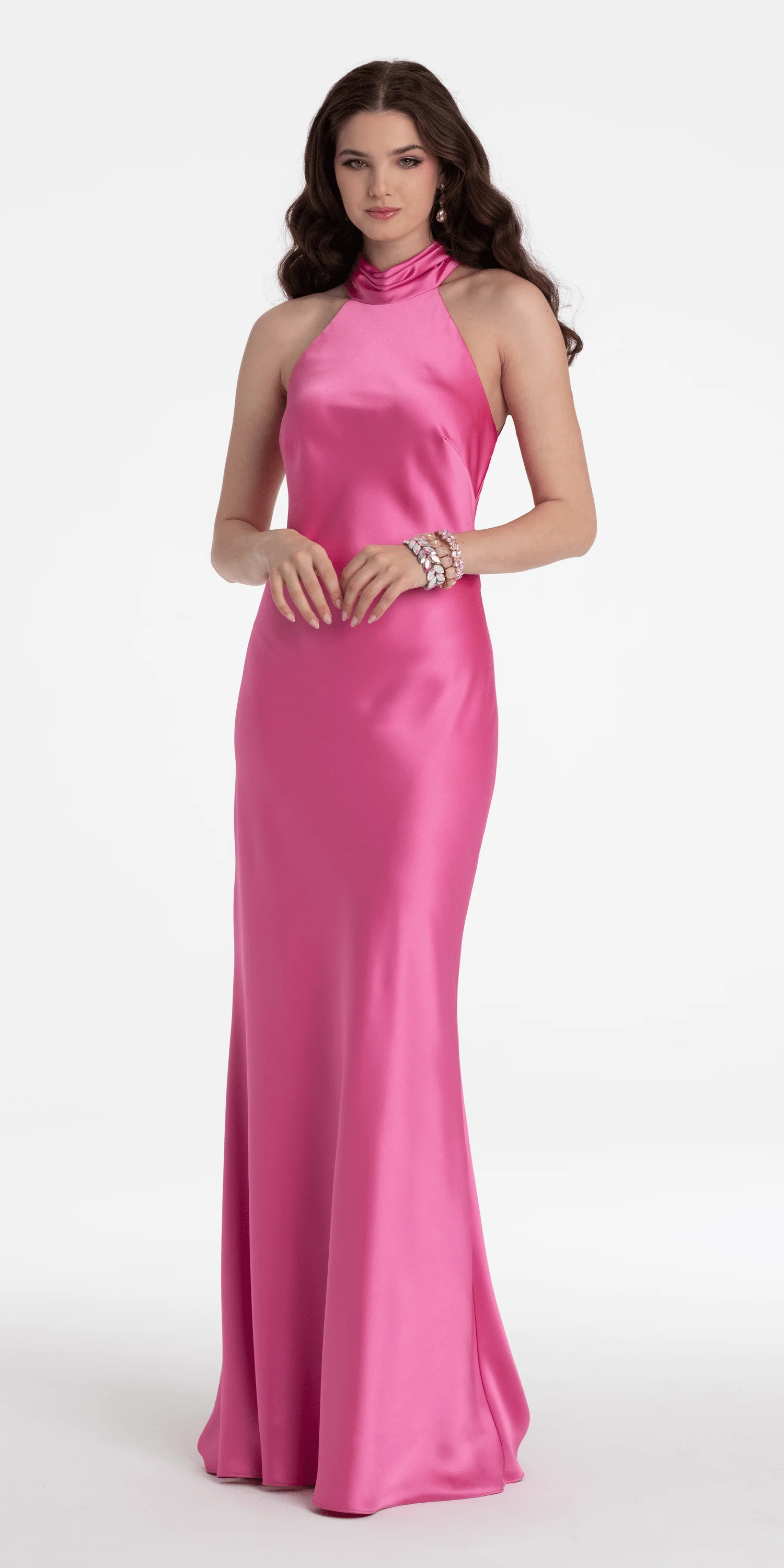 Charmeuse Satin Cutaway Halter Column Dress with Back Ruching - Image 12