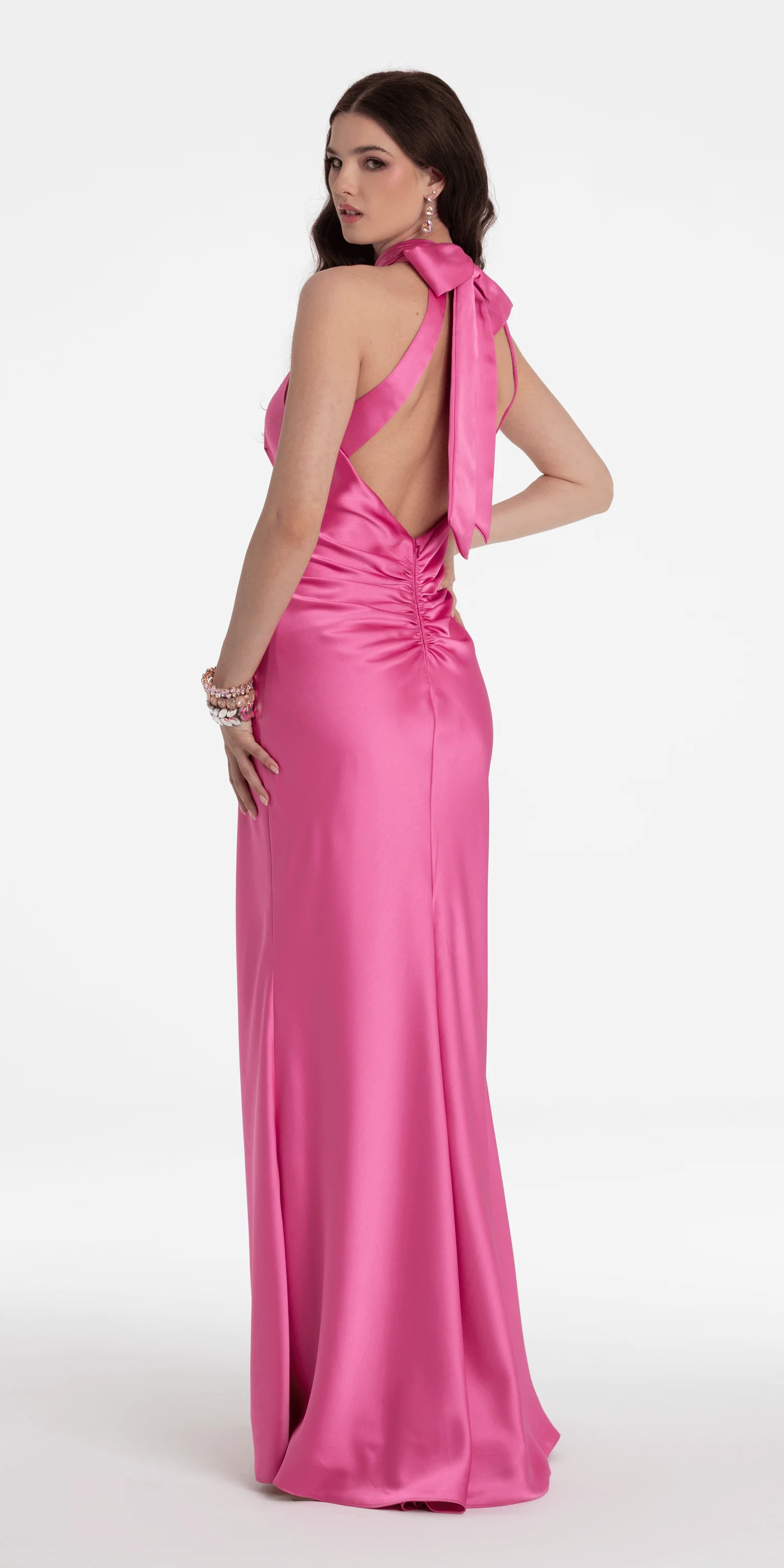 Charmeuse Satin Cutaway Halter Column Dress with Back Ruching - Image 15
