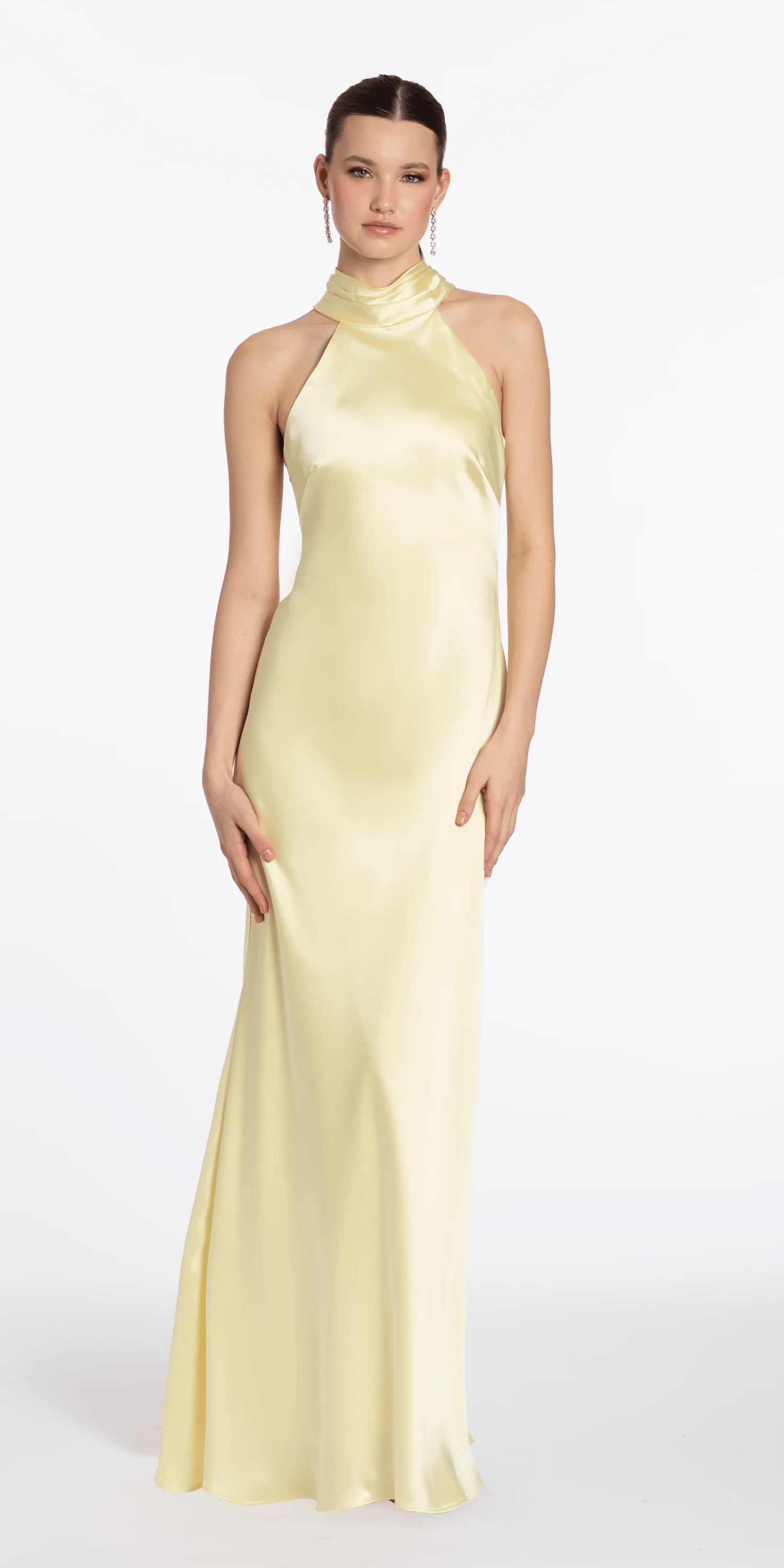 Charmeuse Satin Cutaway Halter Column Dress with Back Ruching - Image 3