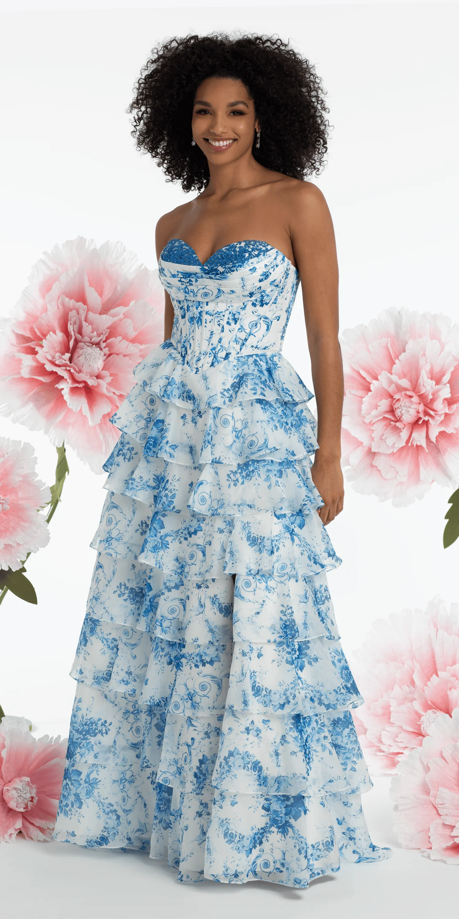 Chiffon Floral Print Corset Tiered Ballgown - Image 2