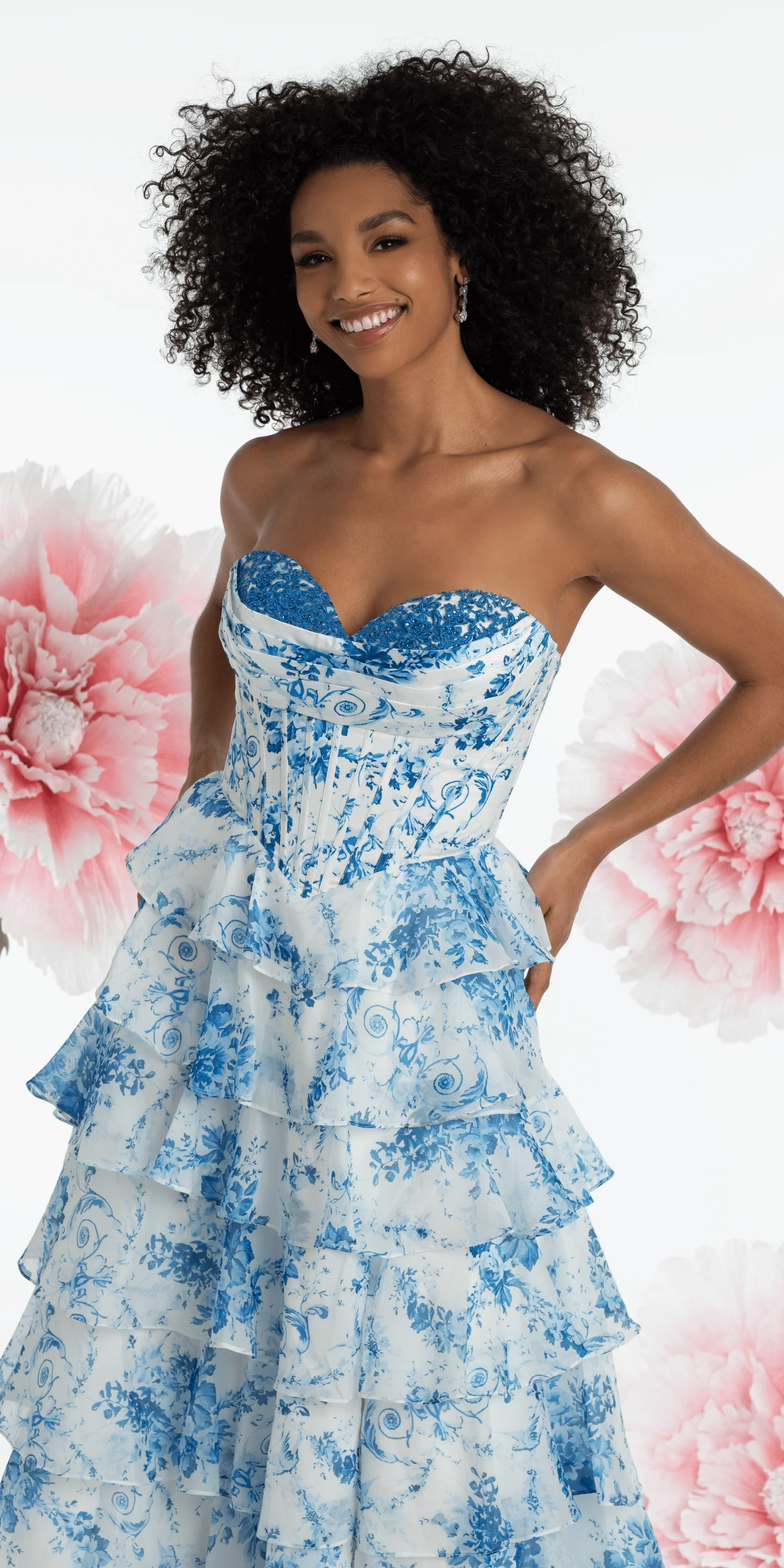 Chiffon Floral Print Corset Tiered Ballgown - Image 3