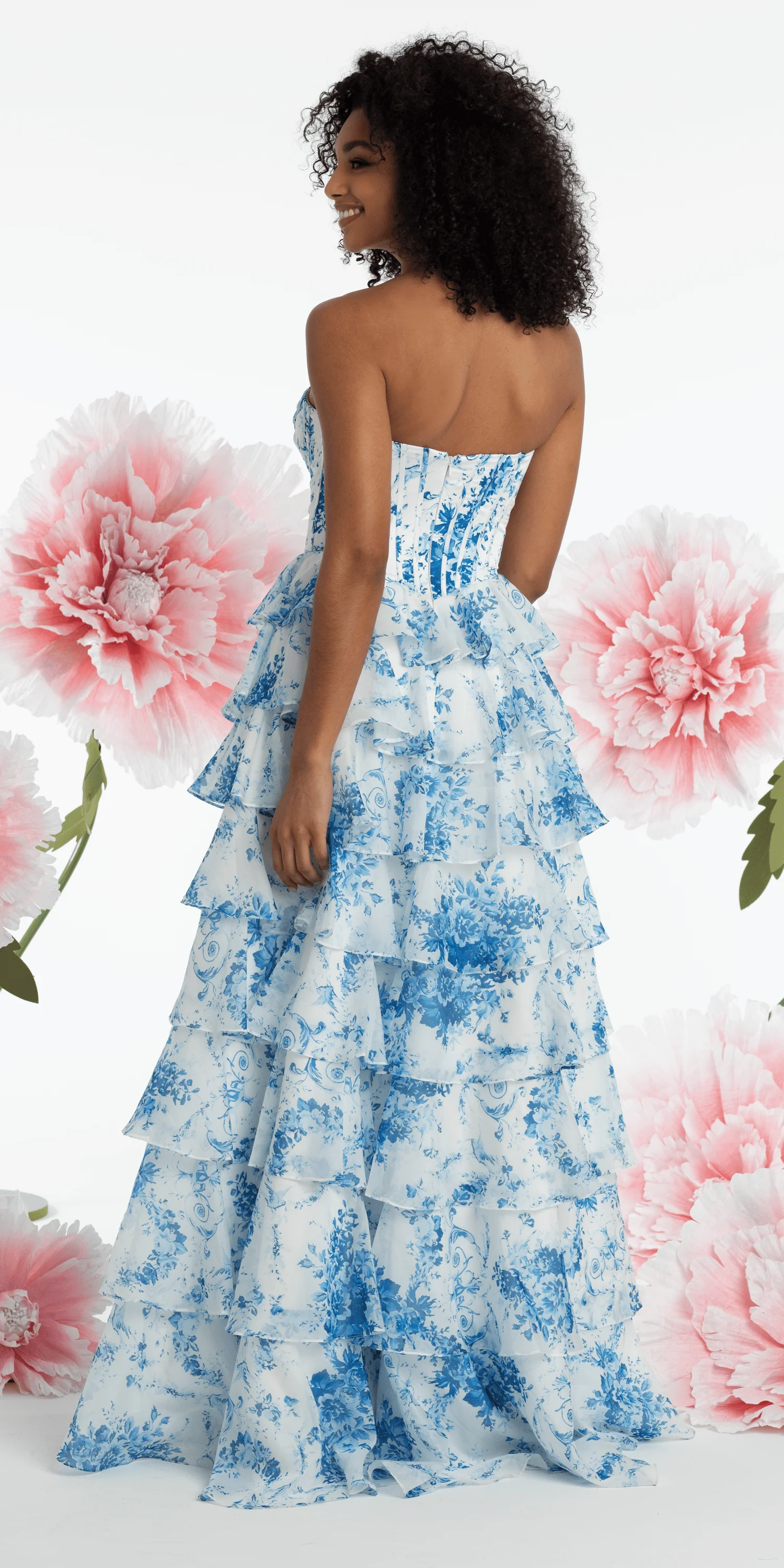 Chiffon Floral Print Corset Tiered Ballgown - Image 4