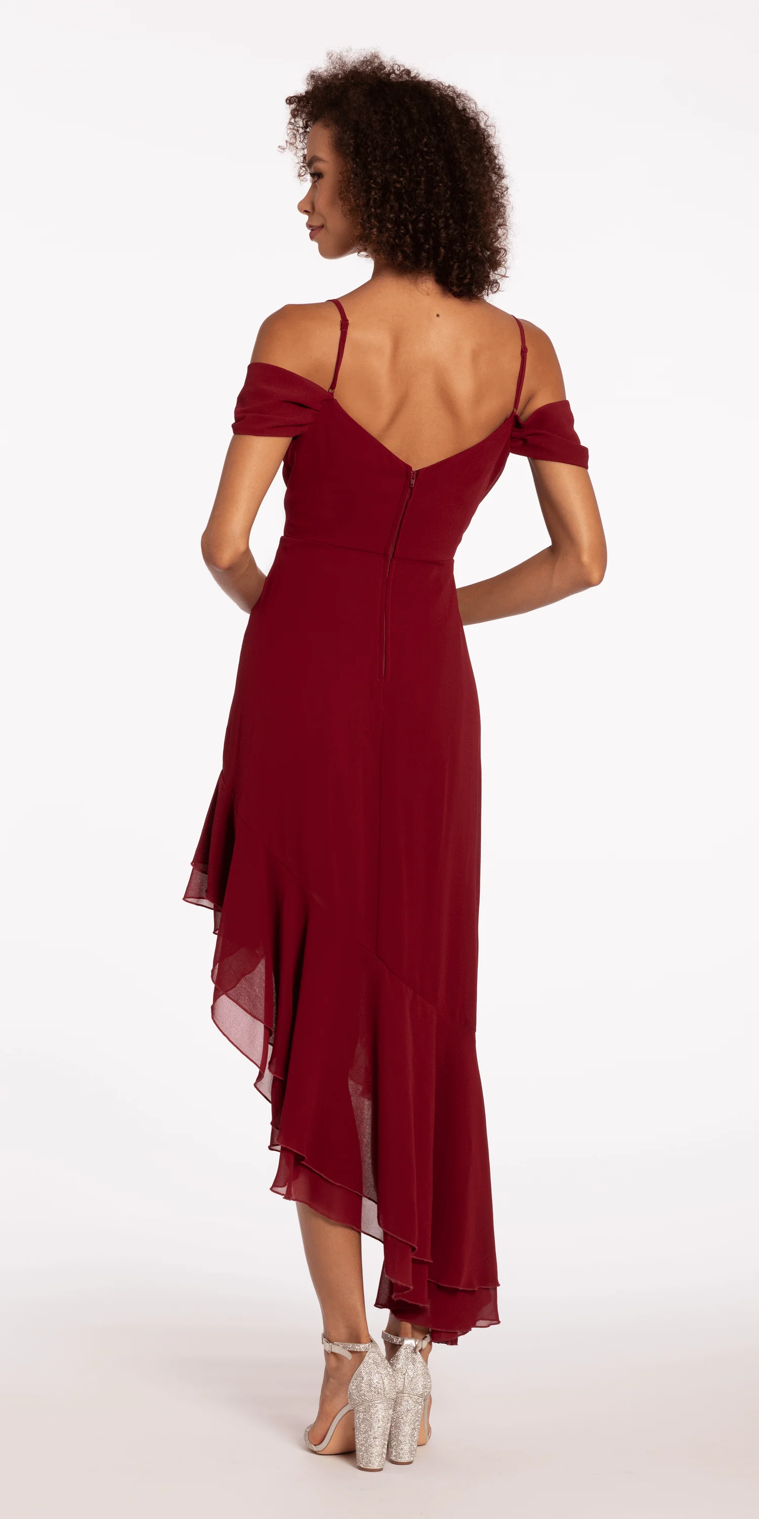 Chiffon Off the Shoulder Drape High Low Dress with Ruffle Hem - Image 5