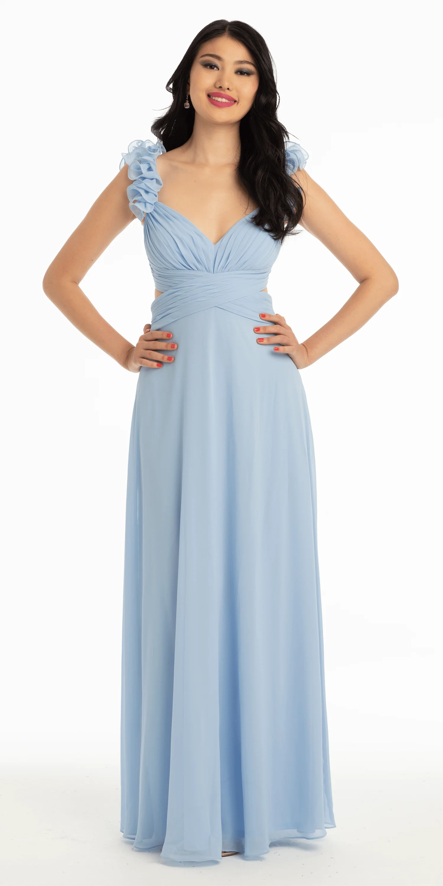 Chiffon Ruffle Shoulder Lace Up Back Column Dress - Image 4