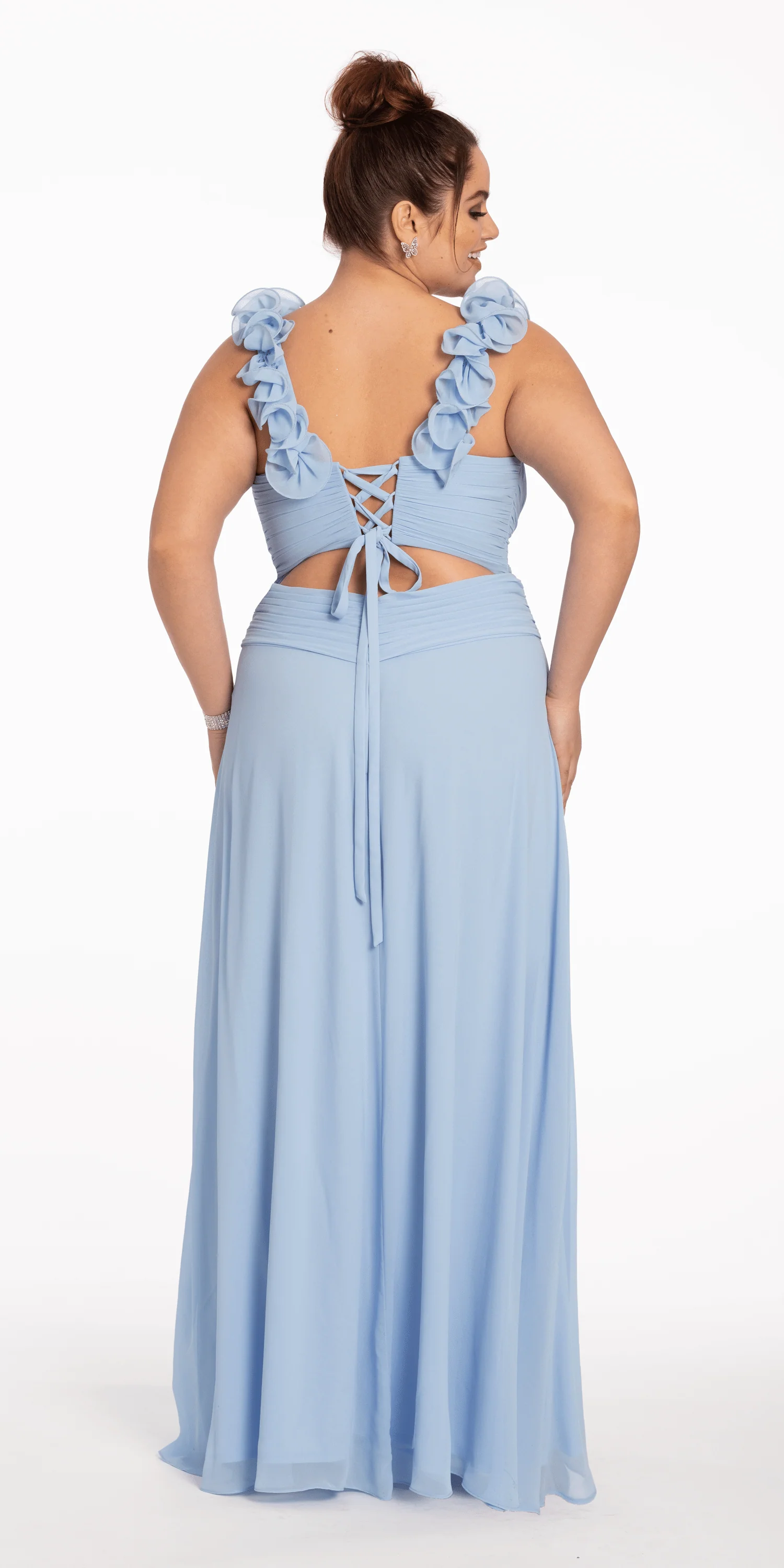 Chiffon Ruffle Shoulder Lace Up Back Column Dress - Image 9