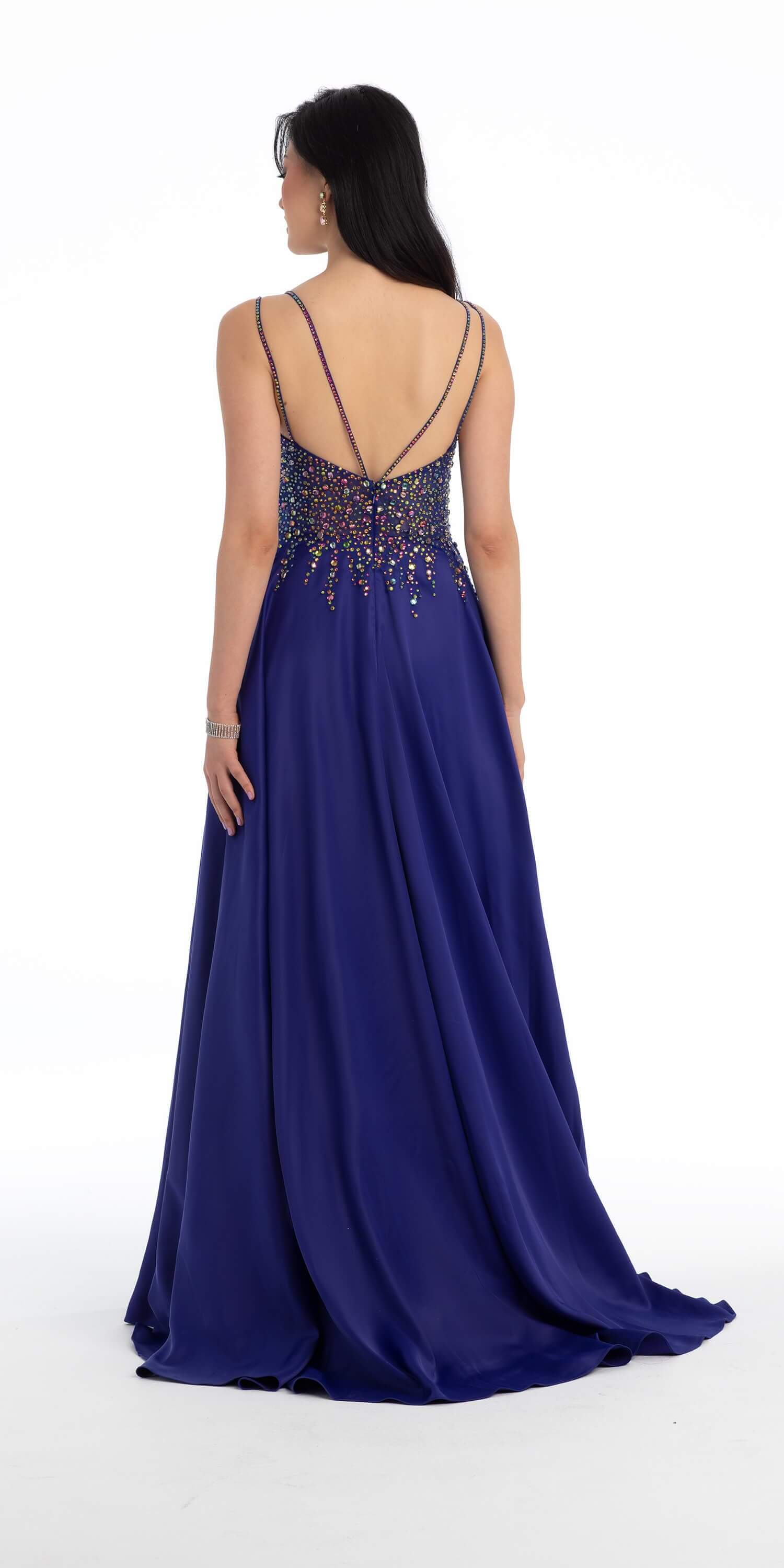 Chunky Gem Double Strap Satin A line Dress with Sweep Train - Image 3