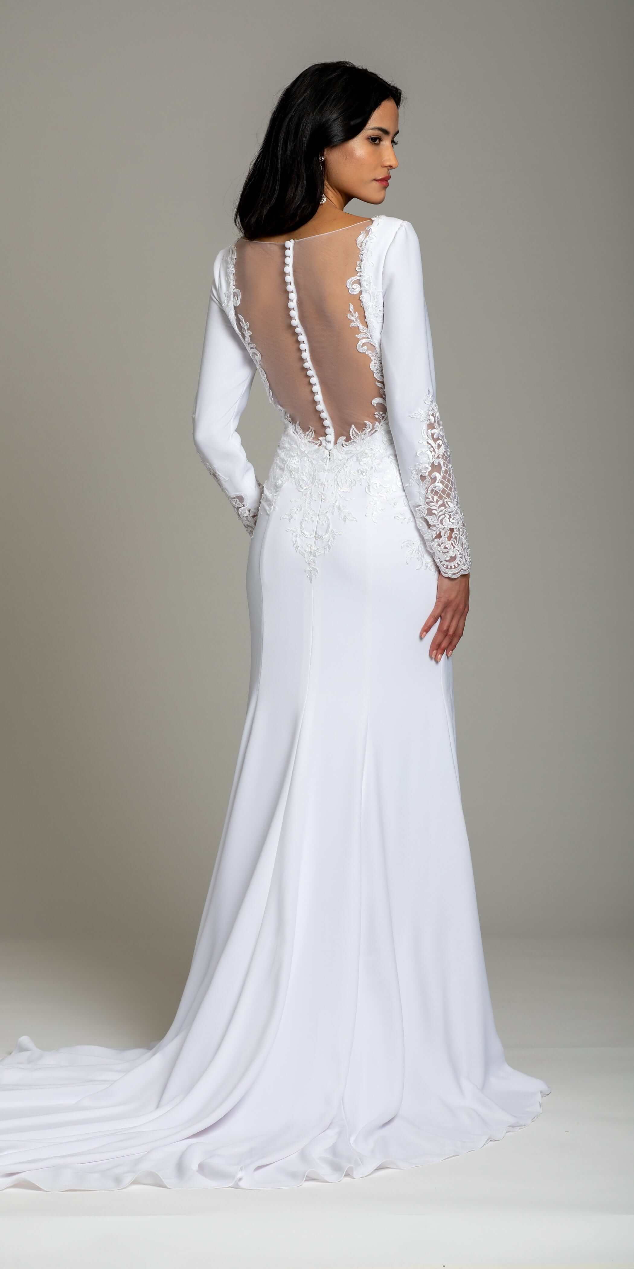 Crepe Embroidered Long Sleeve Illusion Back Column Dress - Image 2