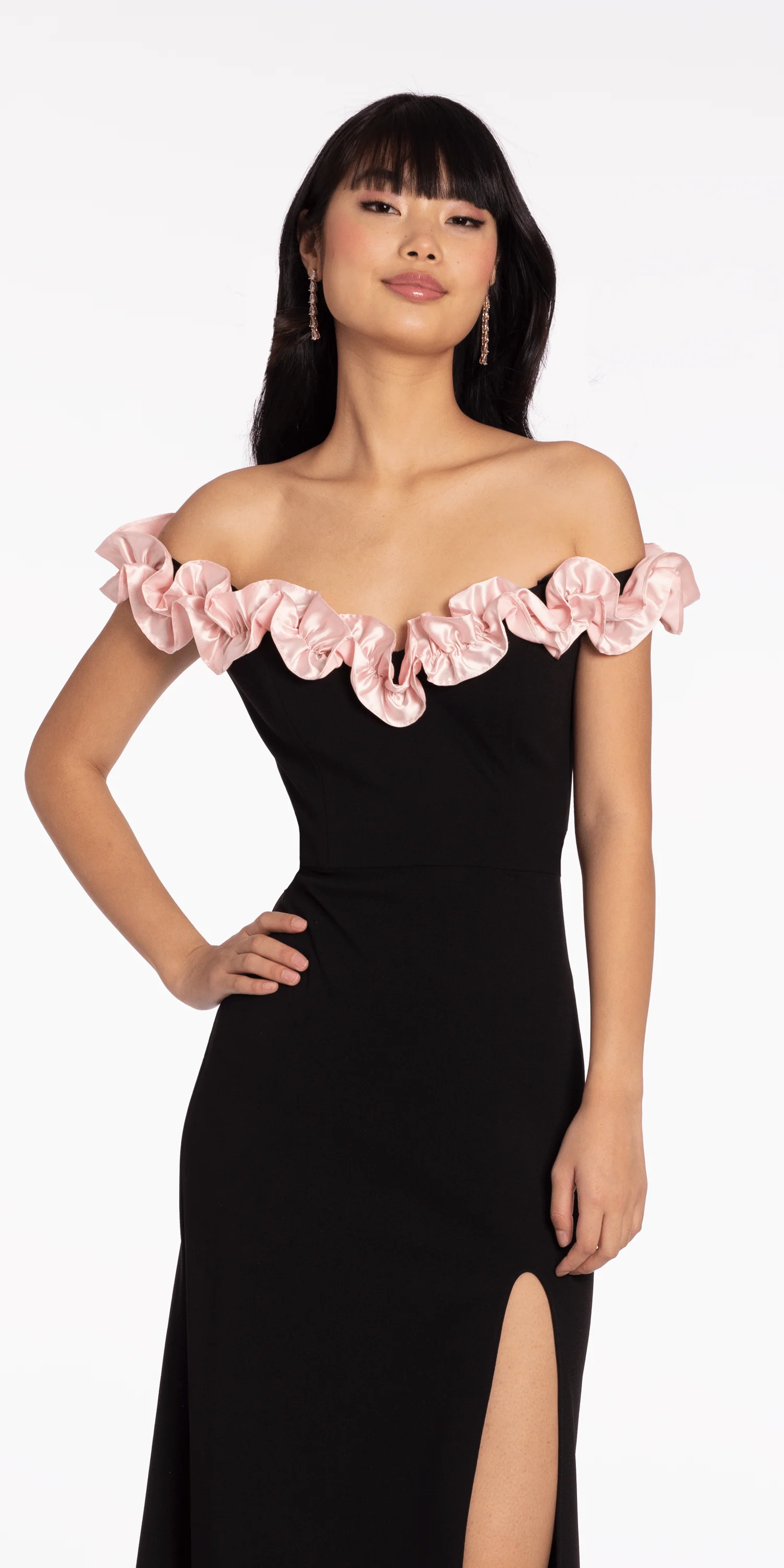 Crepe Off the Shoulder Column Dress with Ruffle Detail - Image 3