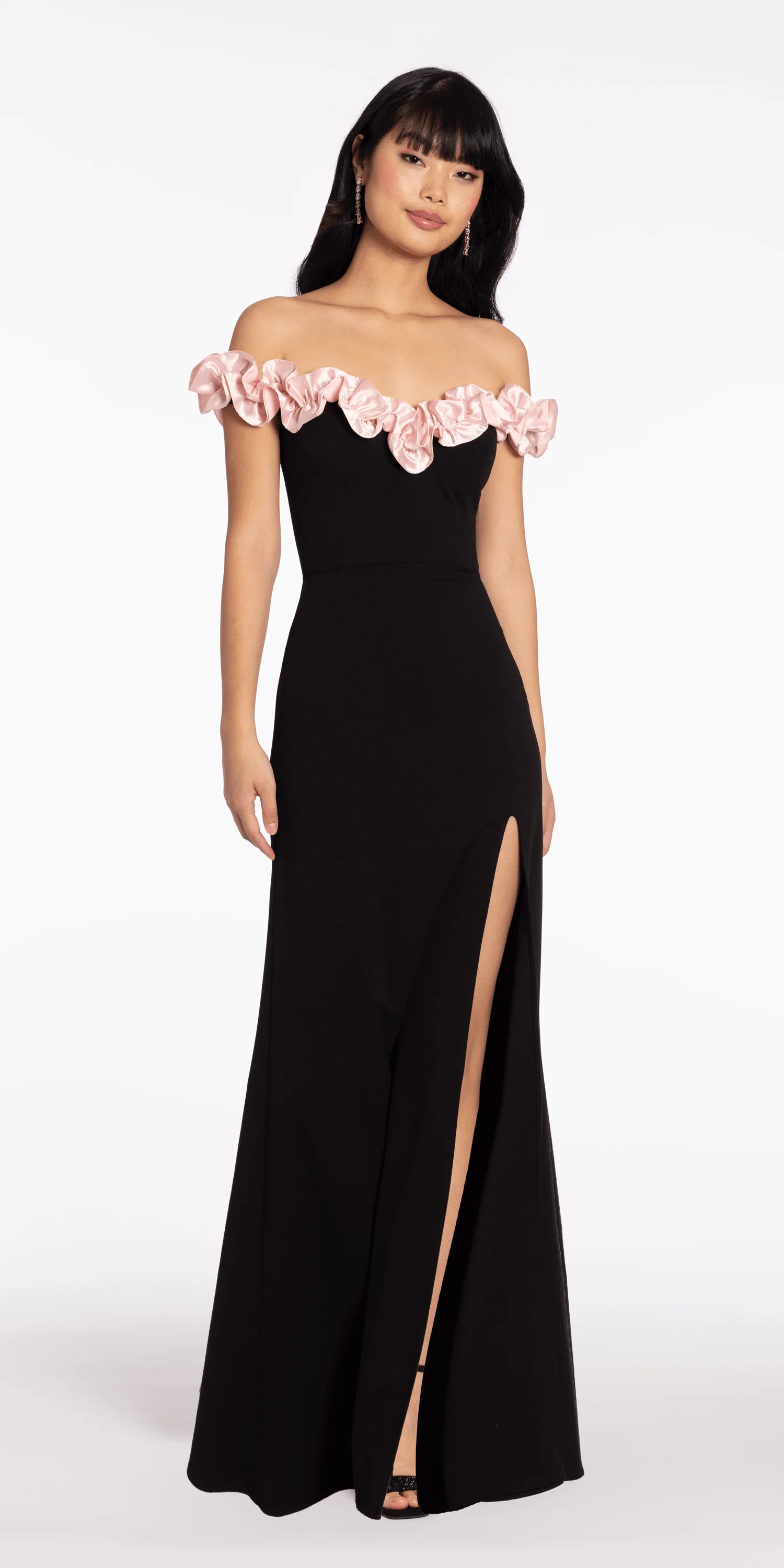 Crepe Off the Shoulder Column Dress with Ruffle Detail - Image 4