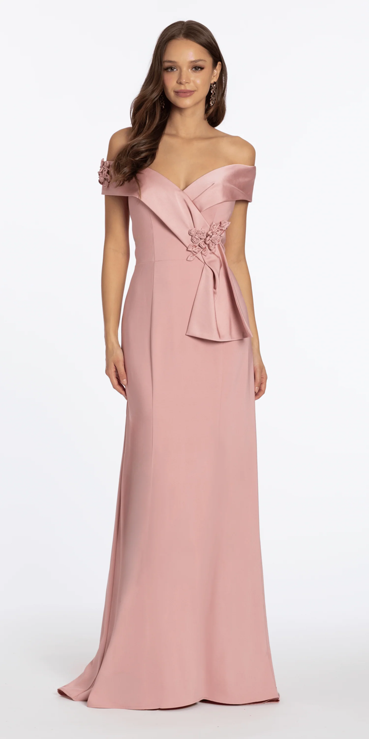 Crepe Off the Shoulder Trumpet Dress with Rosettes - Image 2