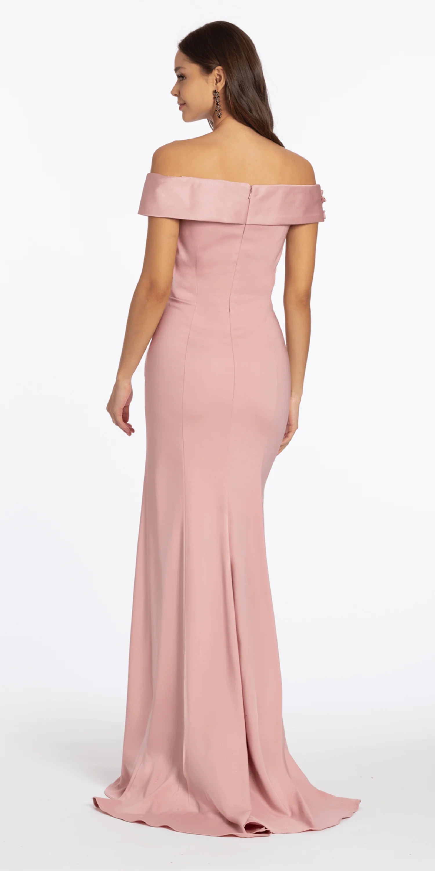Crepe Off the Shoulder Trumpet Dress with Rosettes - Image 4