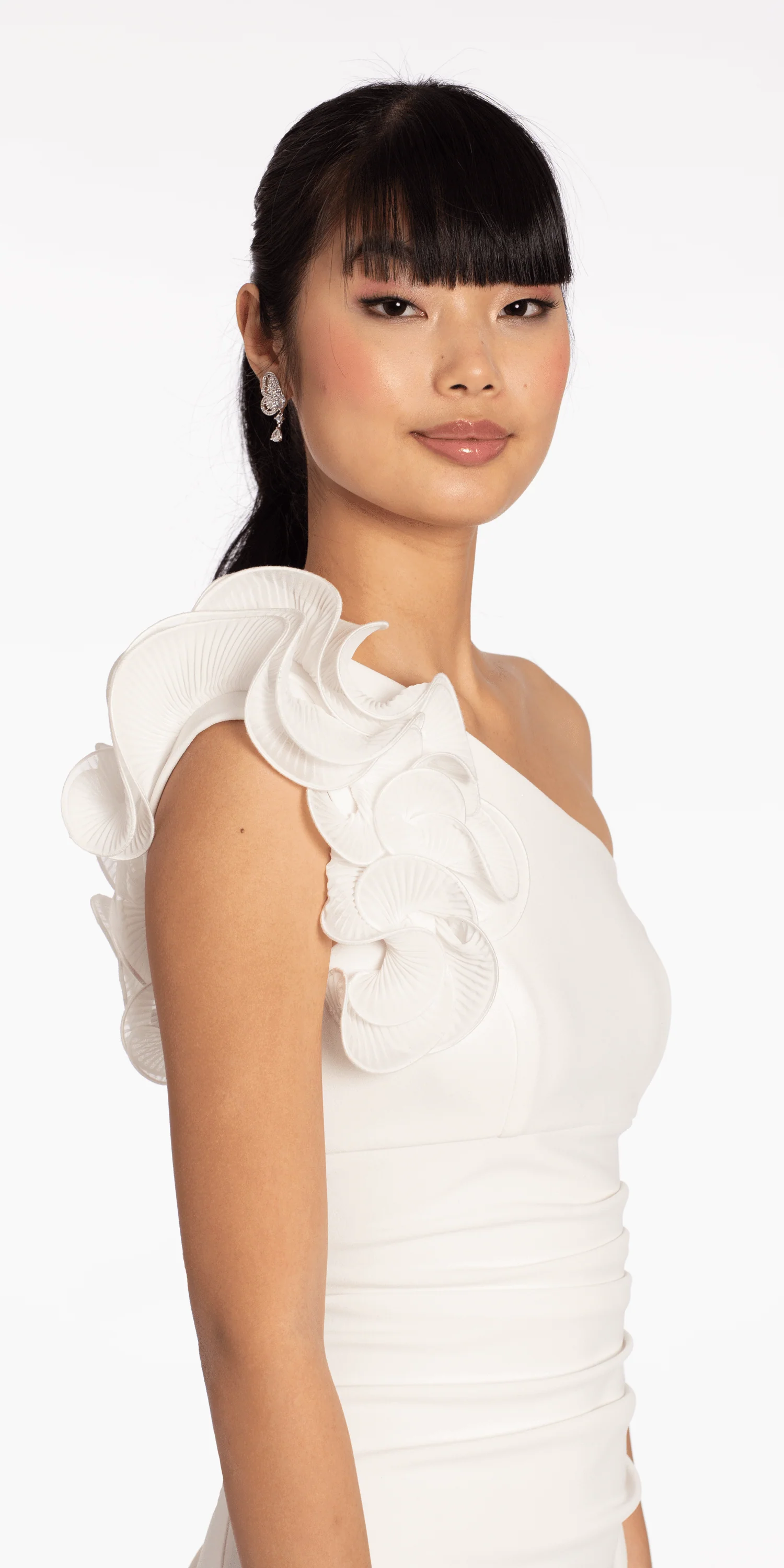 Crepe One Shoulder Ruffle Midi Dress with Ruching - Image 4