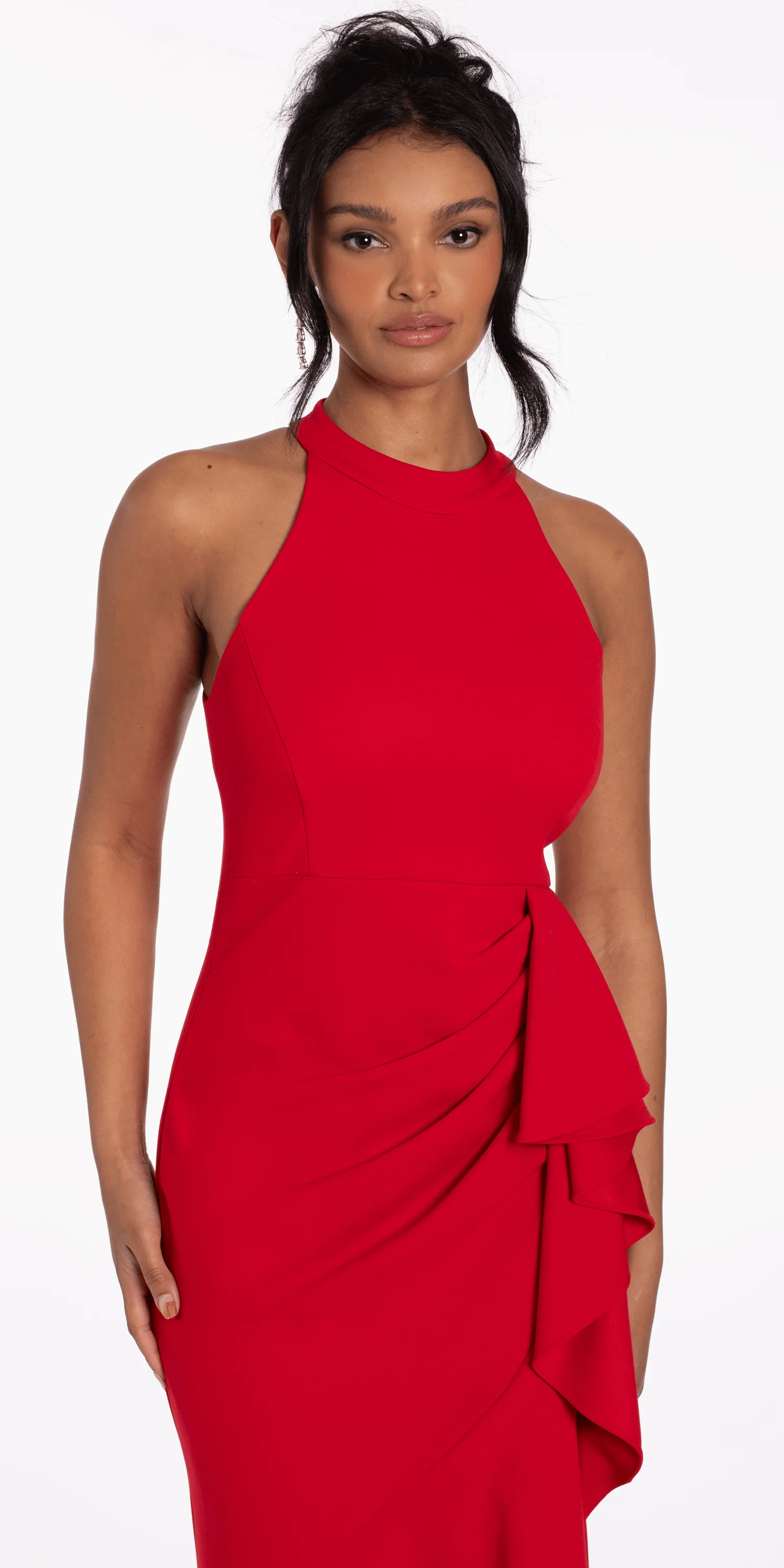 Crepe Racer Back Halter High-Low Dress with Side Cascade - Image 2