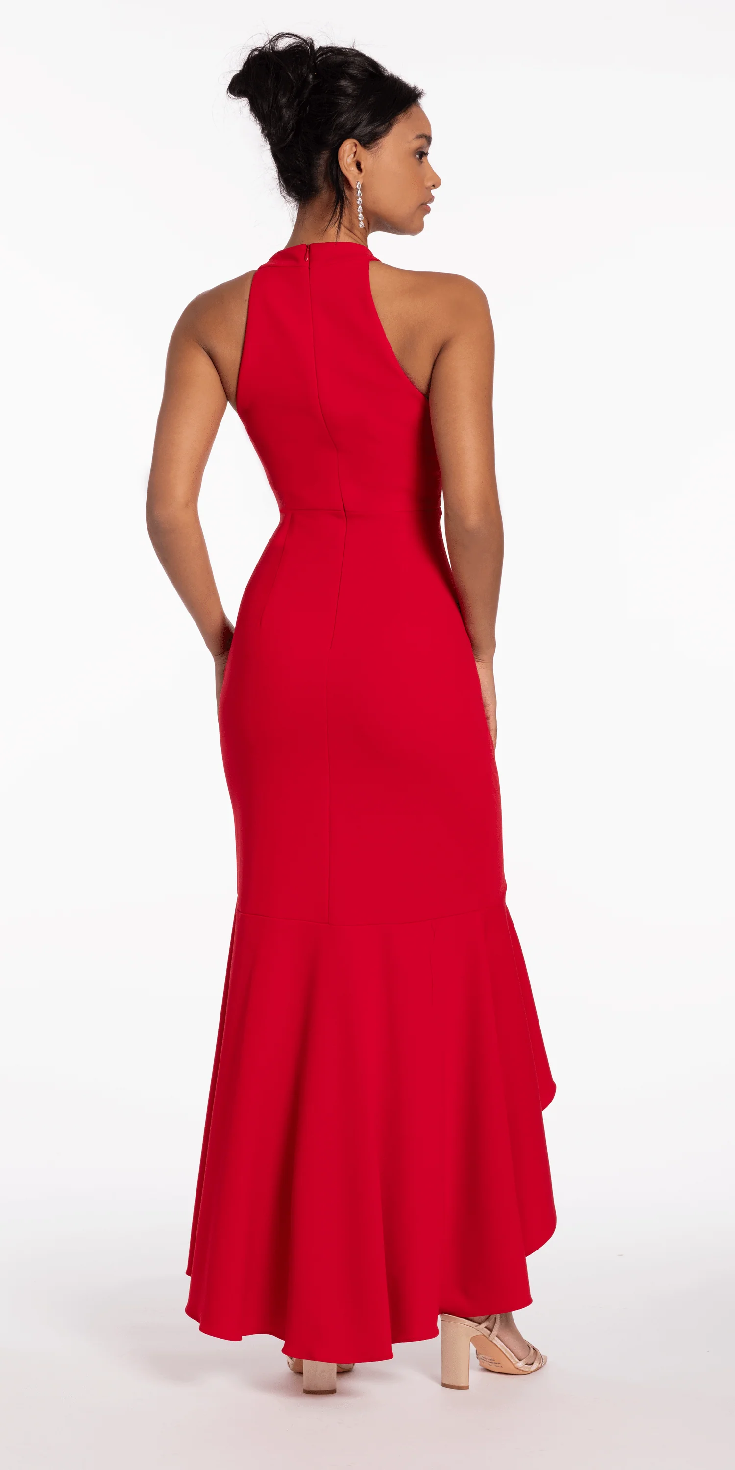 Crepe Racer Back Halter High-Low Dress with Side Cascade - Image 5