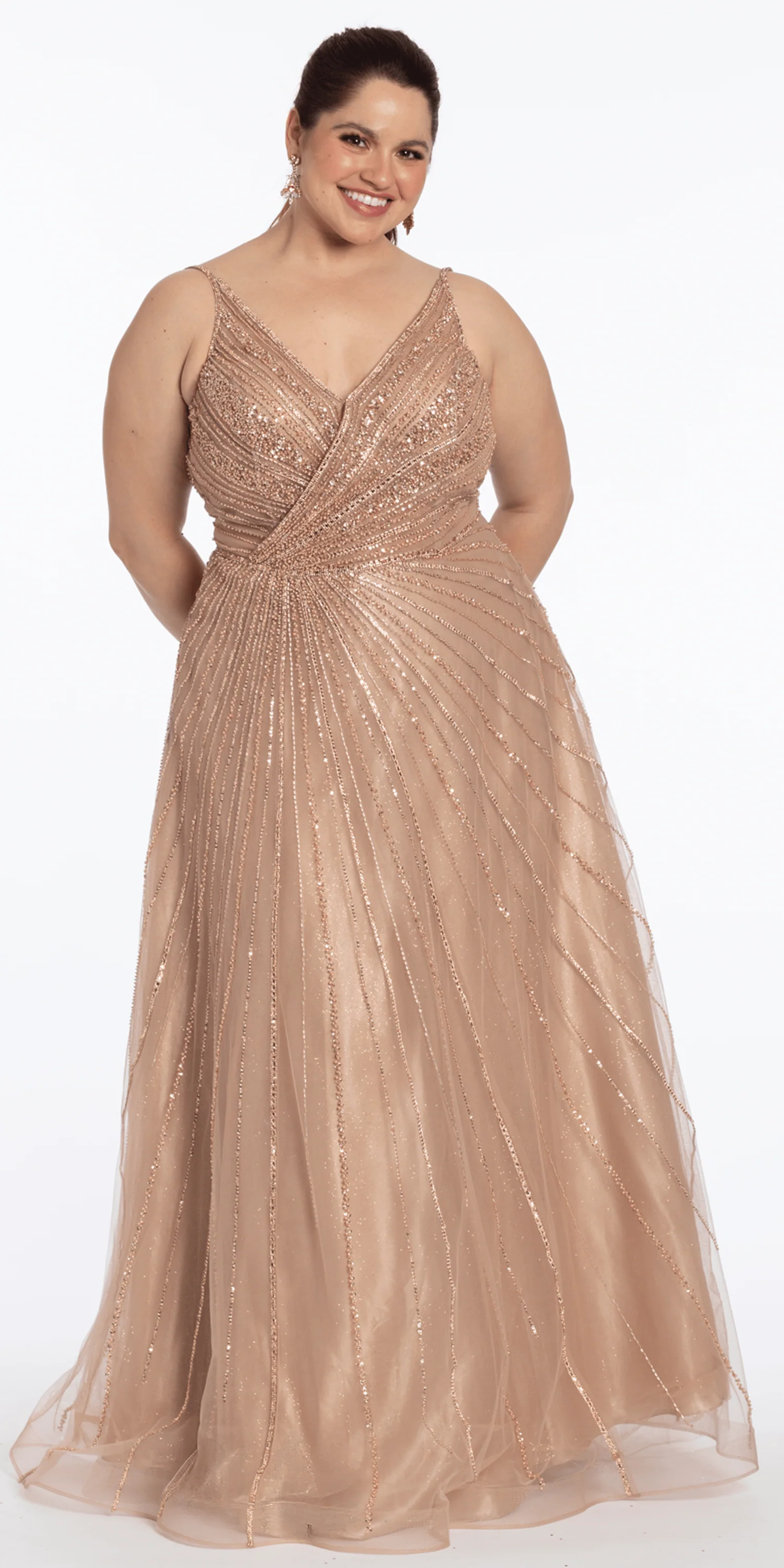 Deep V Neck Mesh Linear Beaded A-Line Dress - Image 3