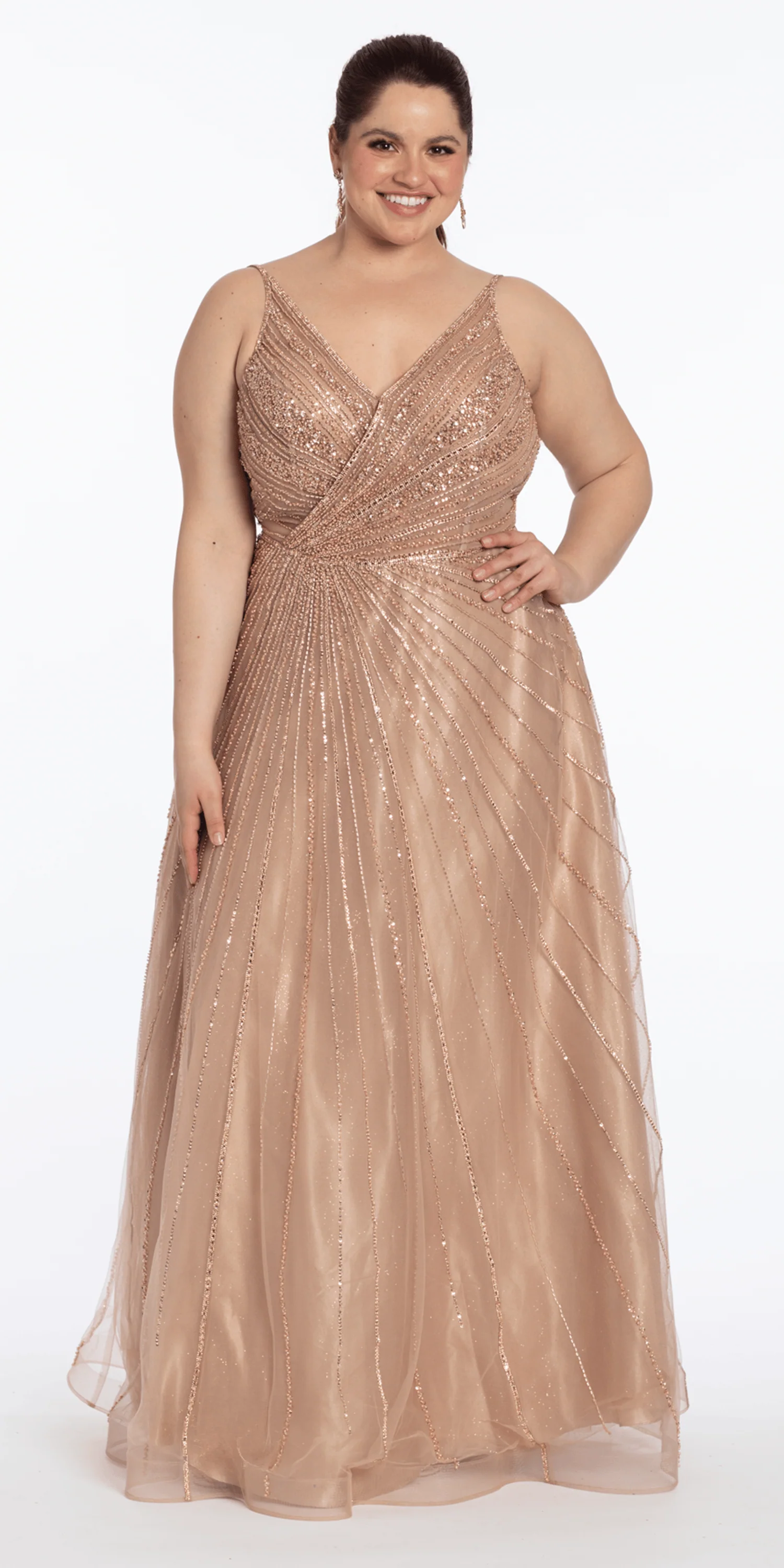 Deep V Neck Mesh Linear Beaded A-Line Dress - Image 5