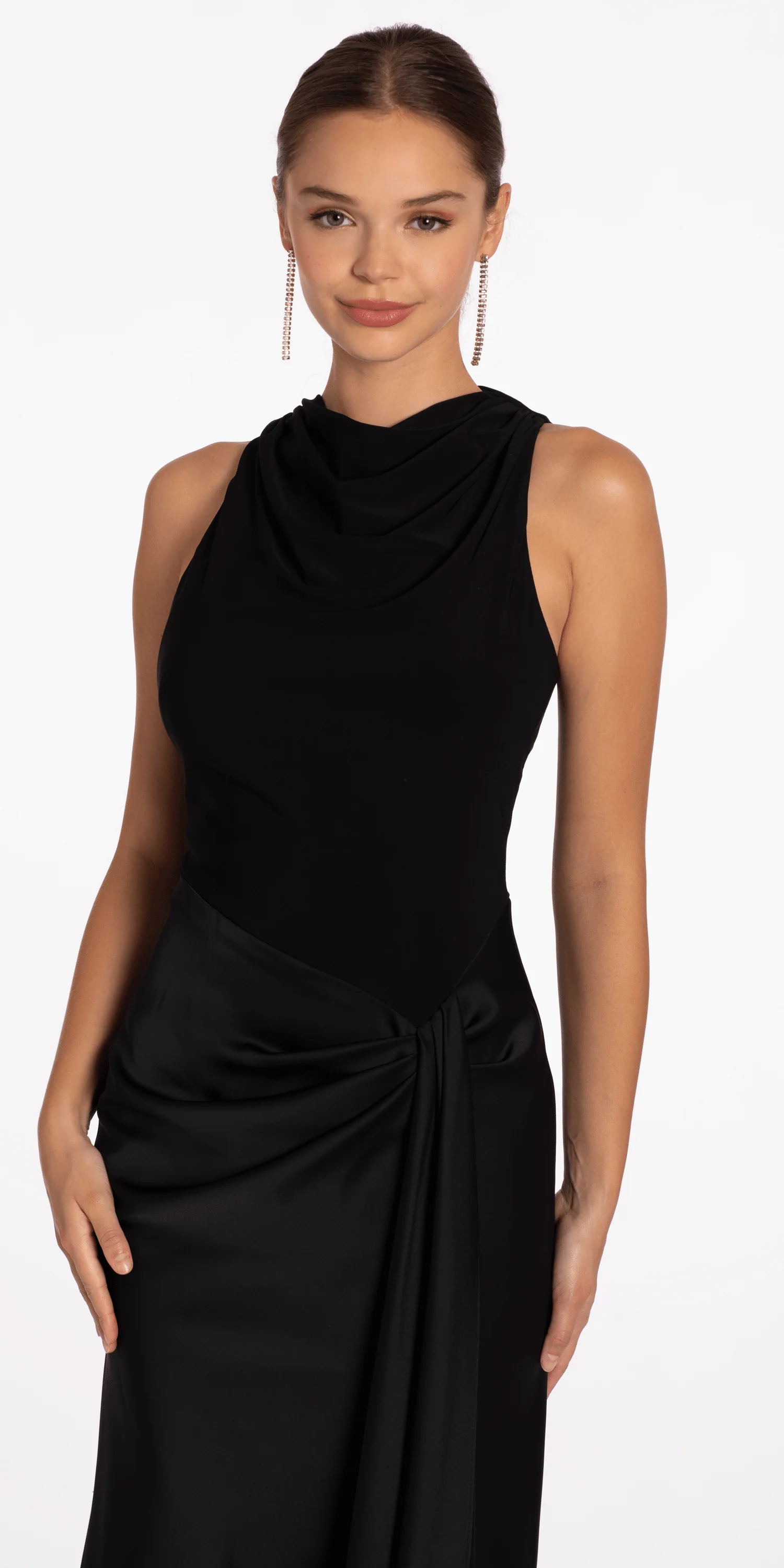 Drape Neck Jersey and Satin Column Dress with Side Sash - Image 2