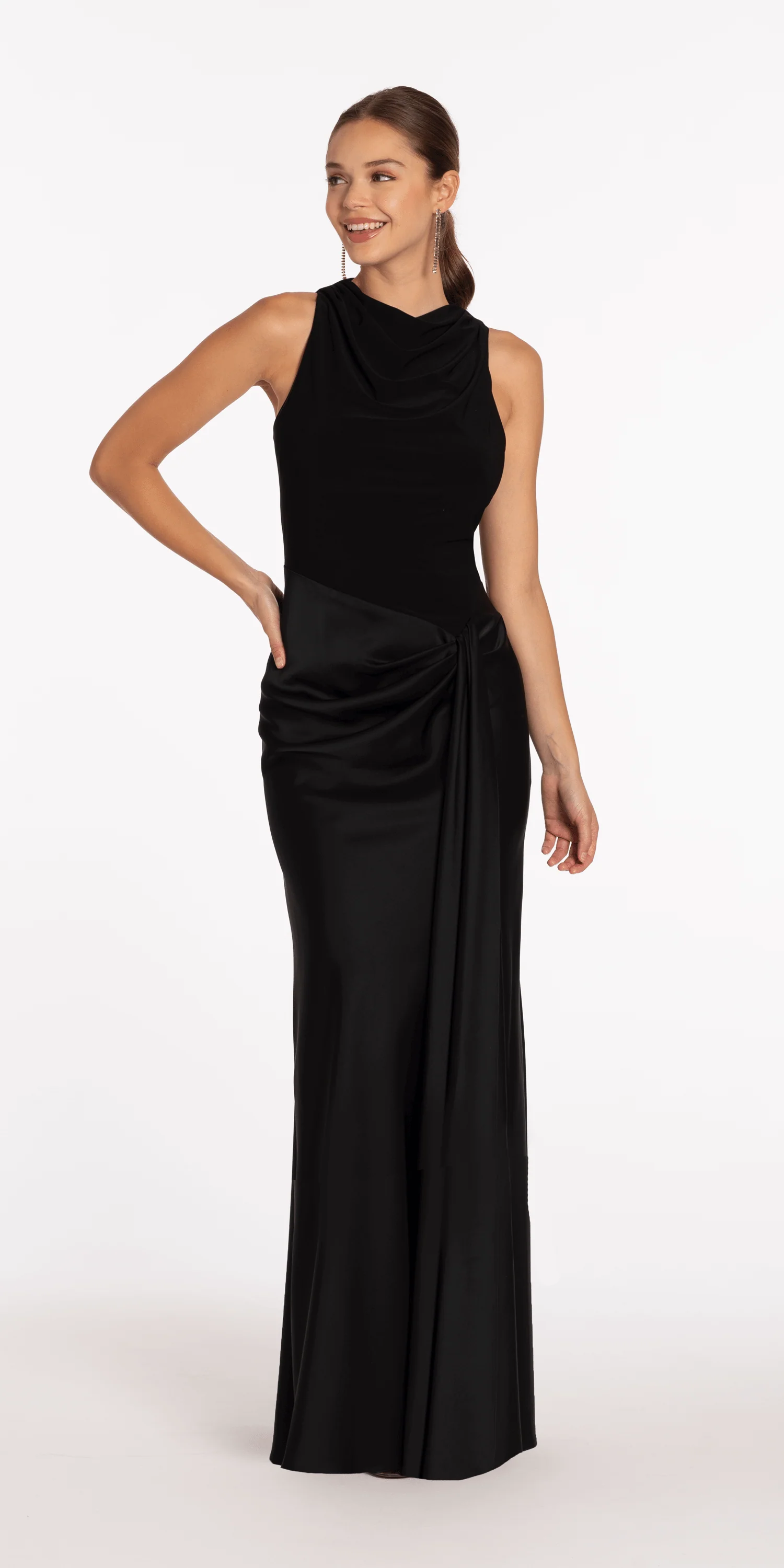 Drape Neck Jersey and Satin Column Dress with Side Sash - Image 3