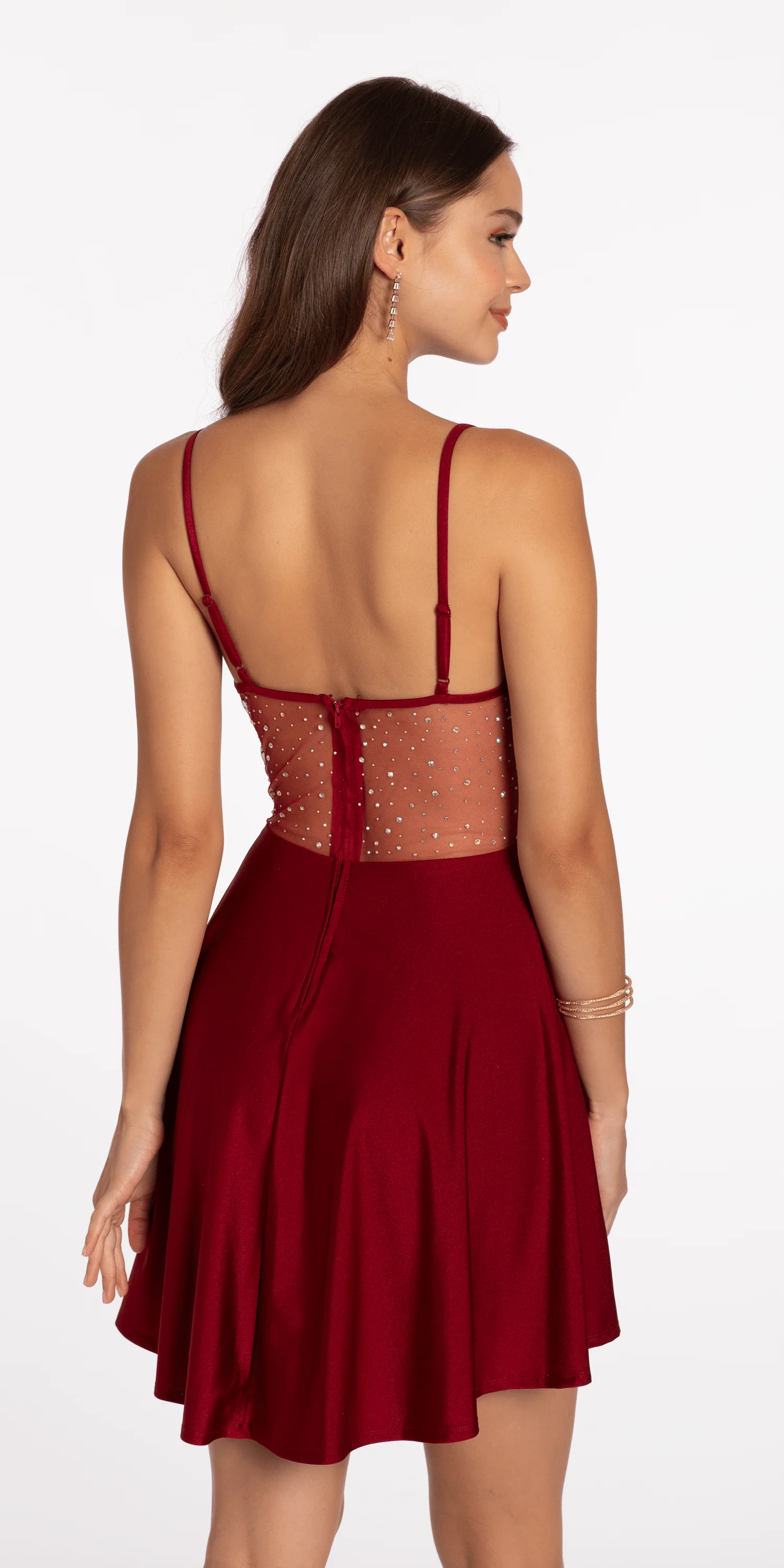 Drape Neck Satin Skater Dress with Sheer Back Panels - Image 5