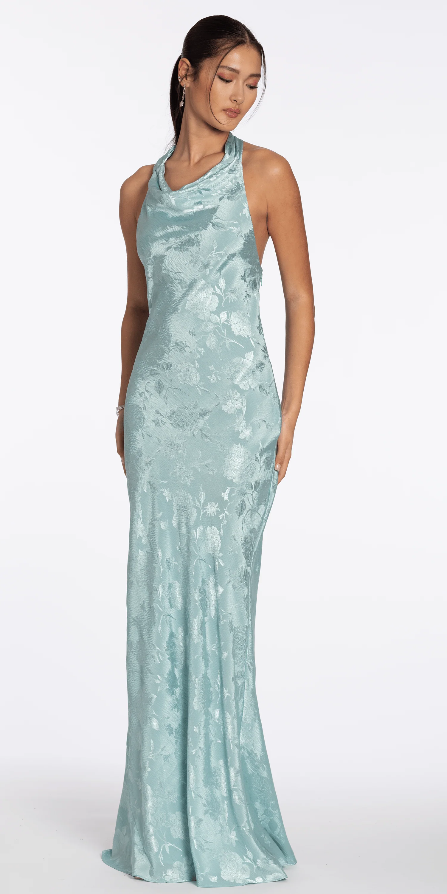 Drape Neck Tie Back Jacquard Column Dress - Image 4