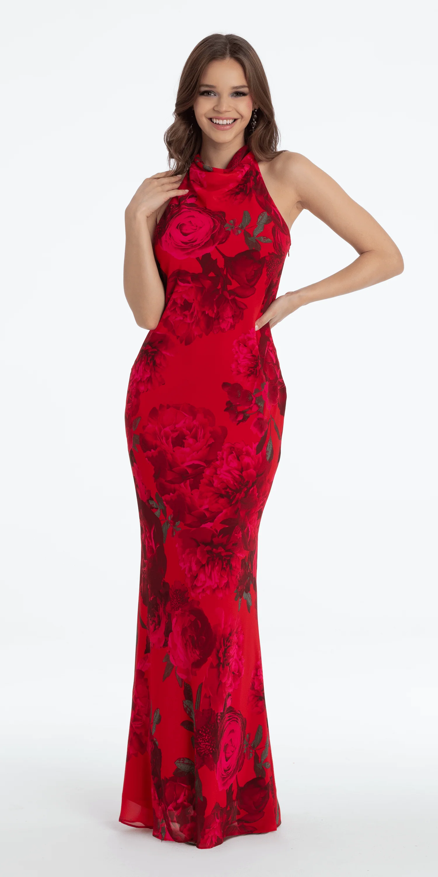 Rose Print Cowl Neck Tie Back Halter Column Dress - Image 2
