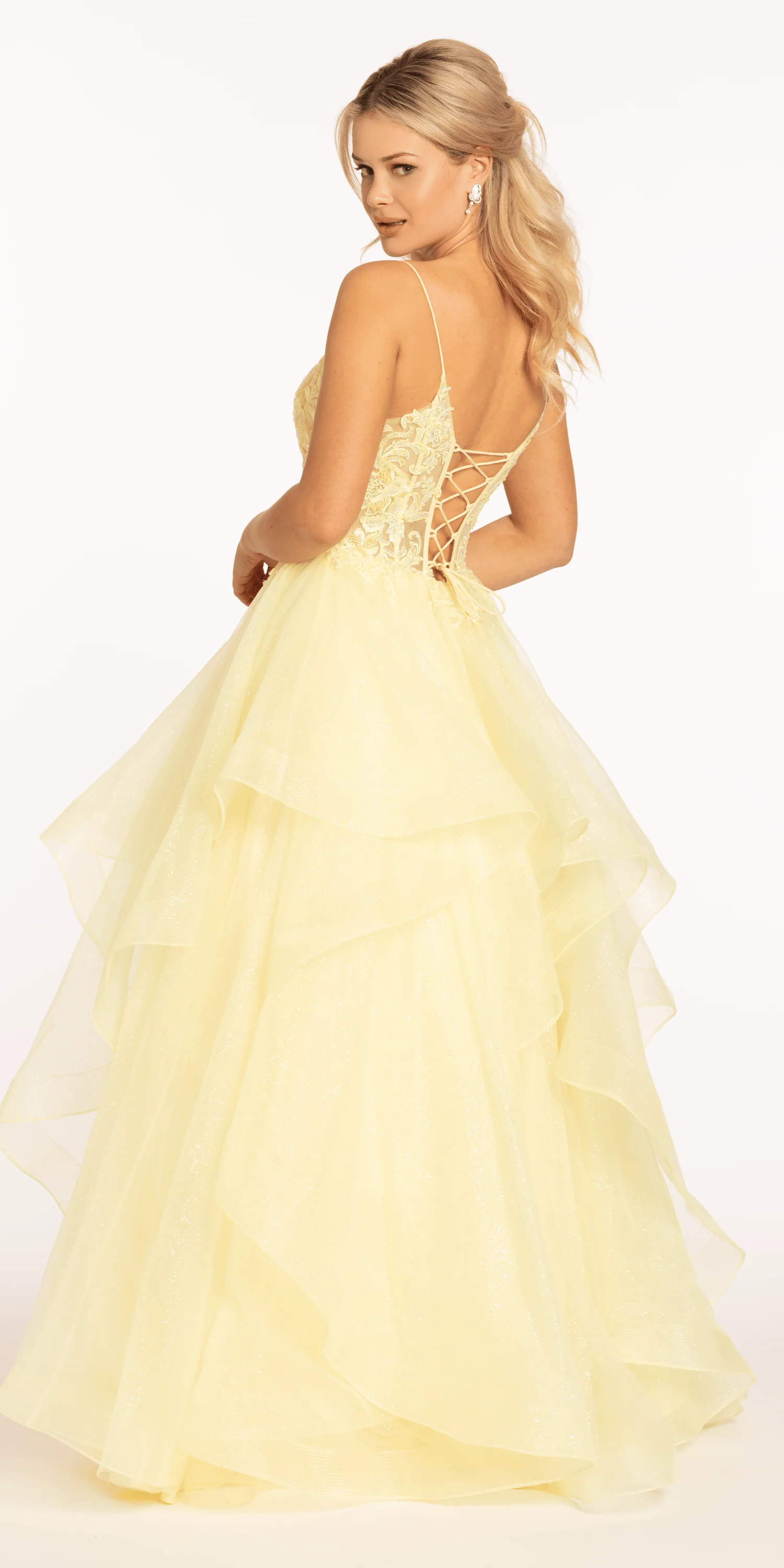 Embellished Plunging Glitter Tulle Corset Tiered Ballgown - Image 4