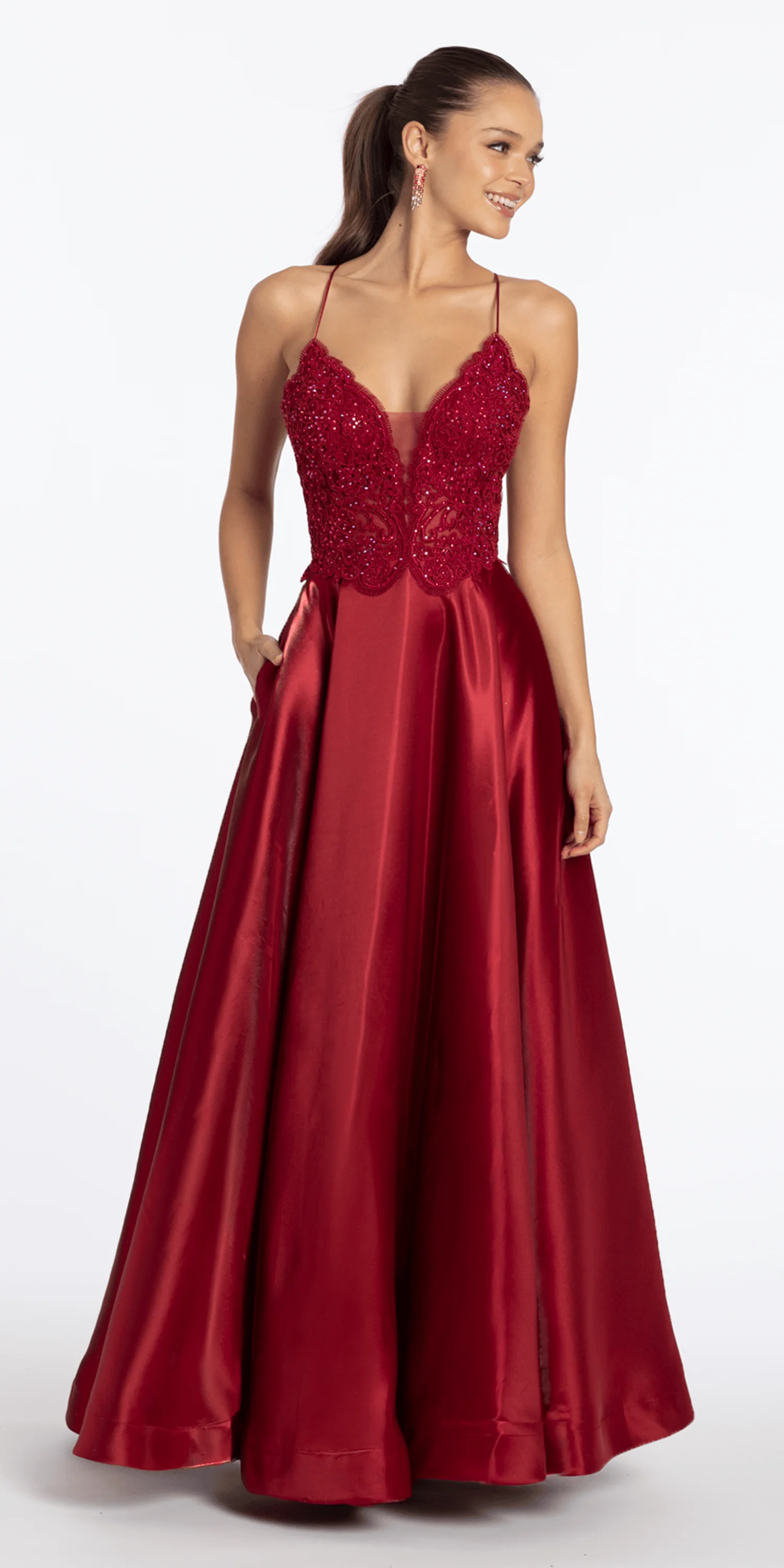 Embroidered Lace Plunge Satin Corset Ballgown with Pockets - Image 4