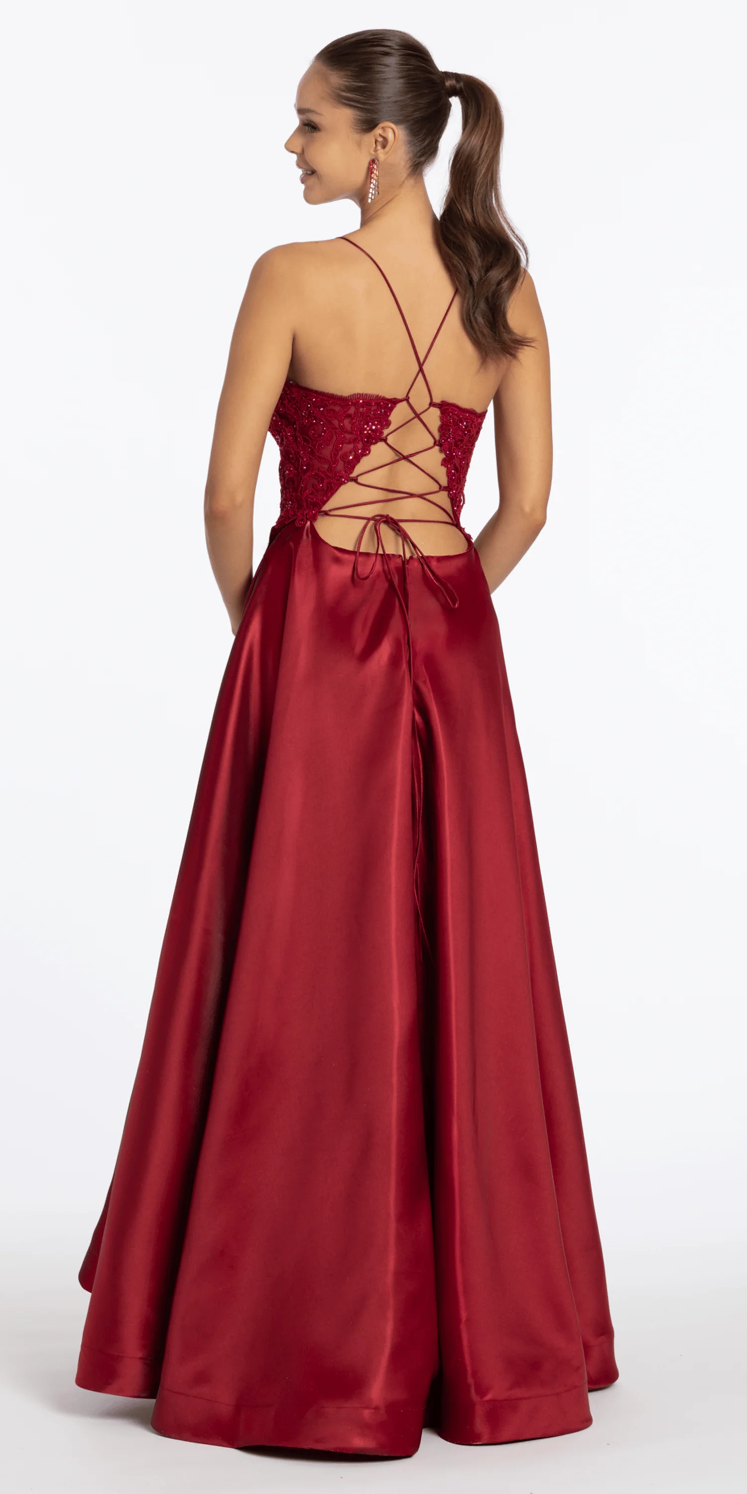 Embroidered Lace Plunge Satin Corset Ballgown with Pockets - Image 5