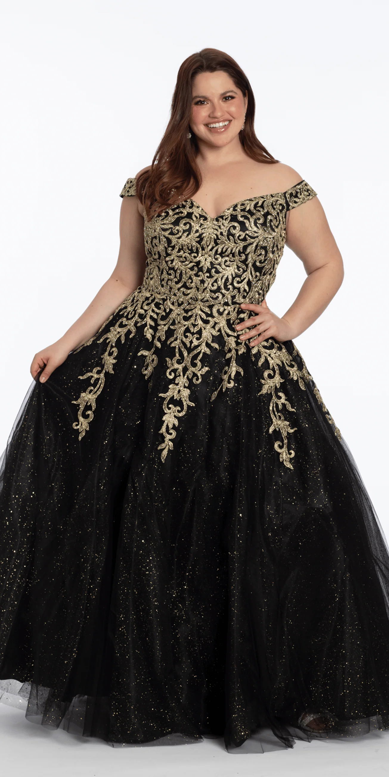 Embroidered Off the Shoulder Glitter Tulle Ballgown - Image 3