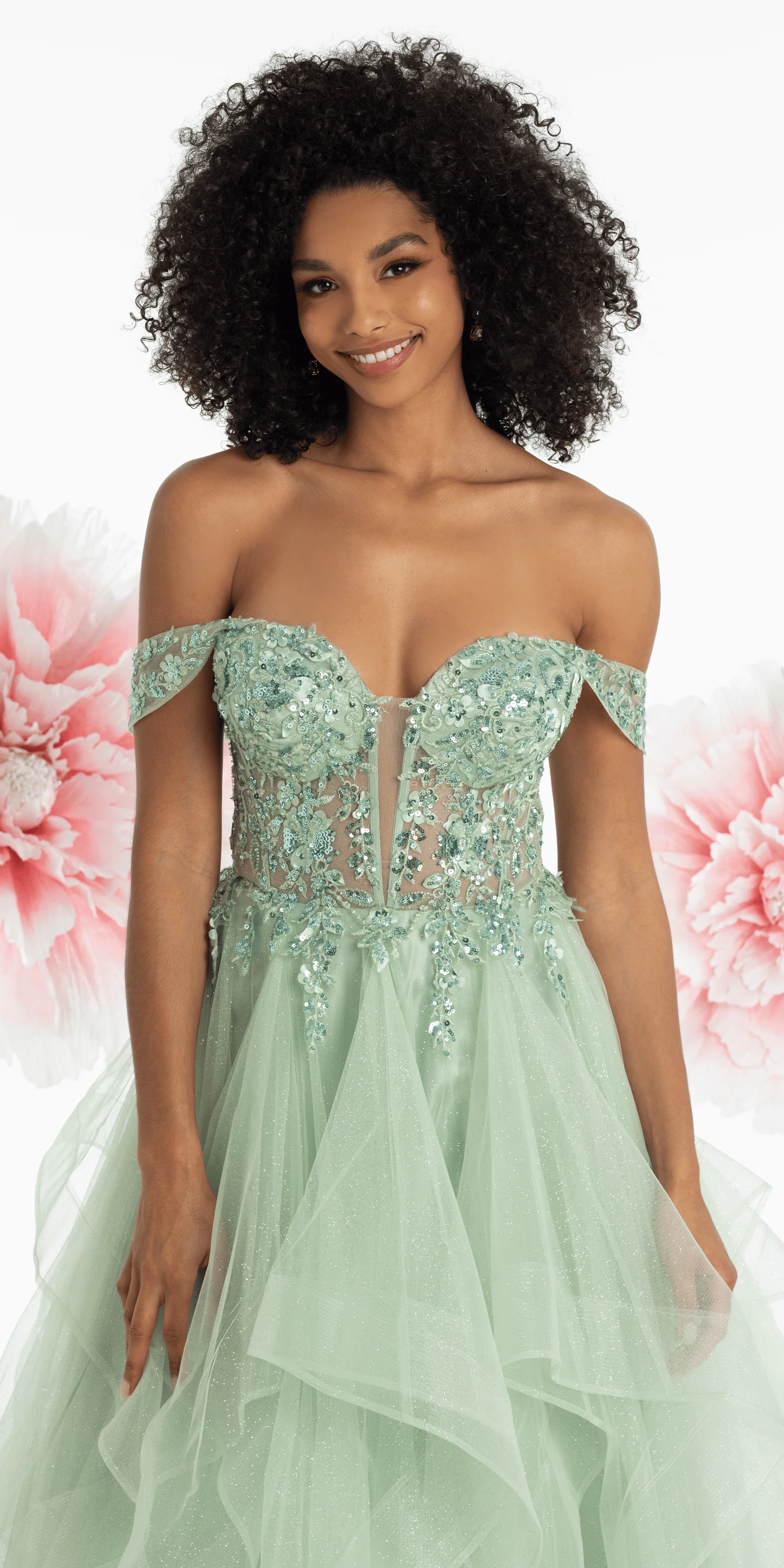 Embroidered Off the Shoulder Beaded Glitter Tulle Tiered Ballgown - Image 2