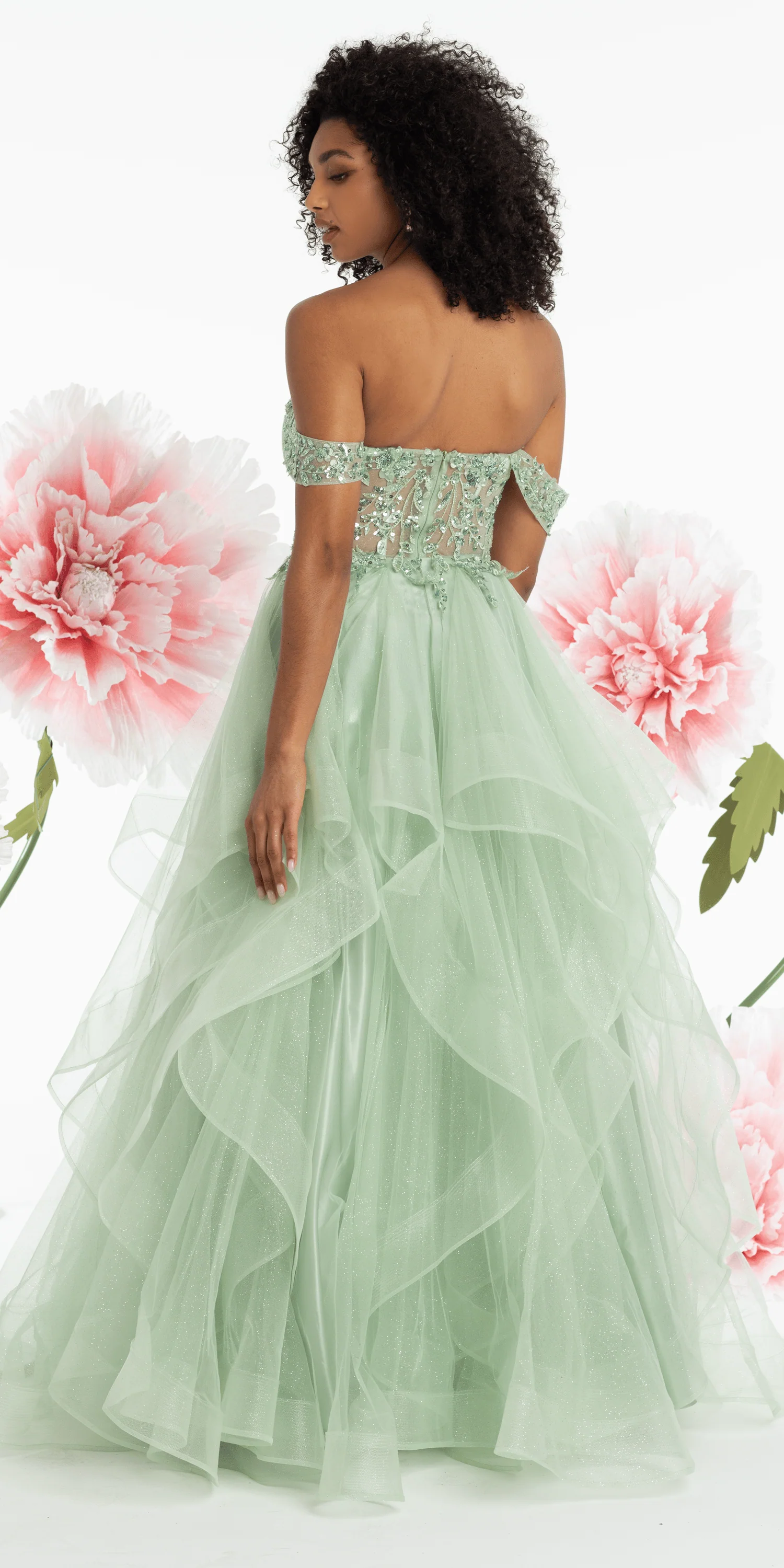 Embroidered Off the Shoulder Beaded Glitter Tulle Tiered Ballgown - Image 3