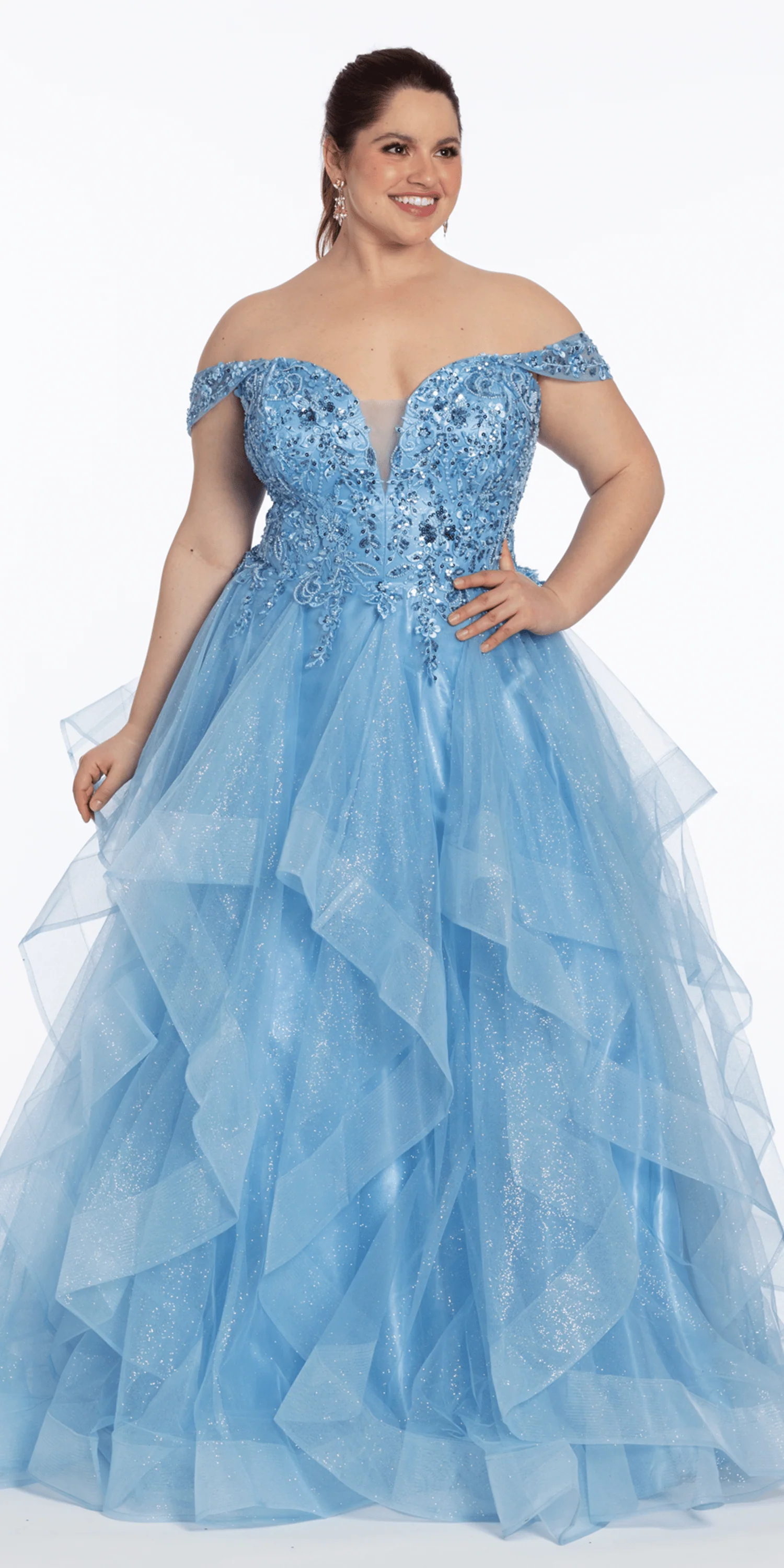 Embroidered Off the Shoulder Beaded Glitter Tulle Tiered Ballgown - Image 5