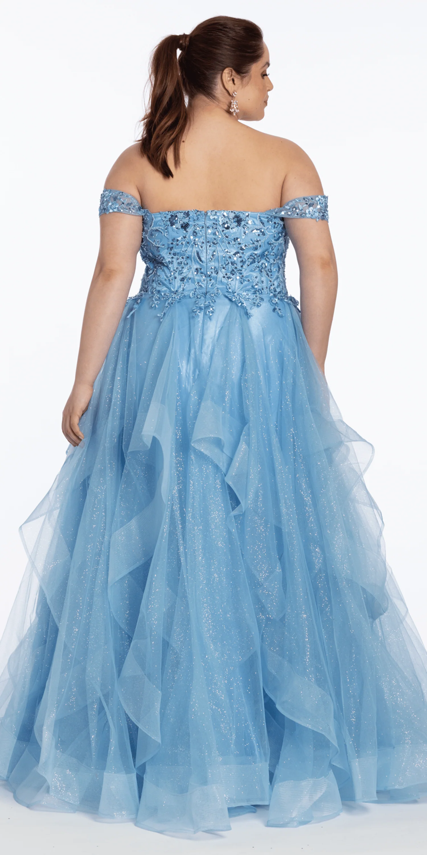 Embroidered Off the Shoulder Beaded Glitter Tulle Tiered Ballgown - Image 7